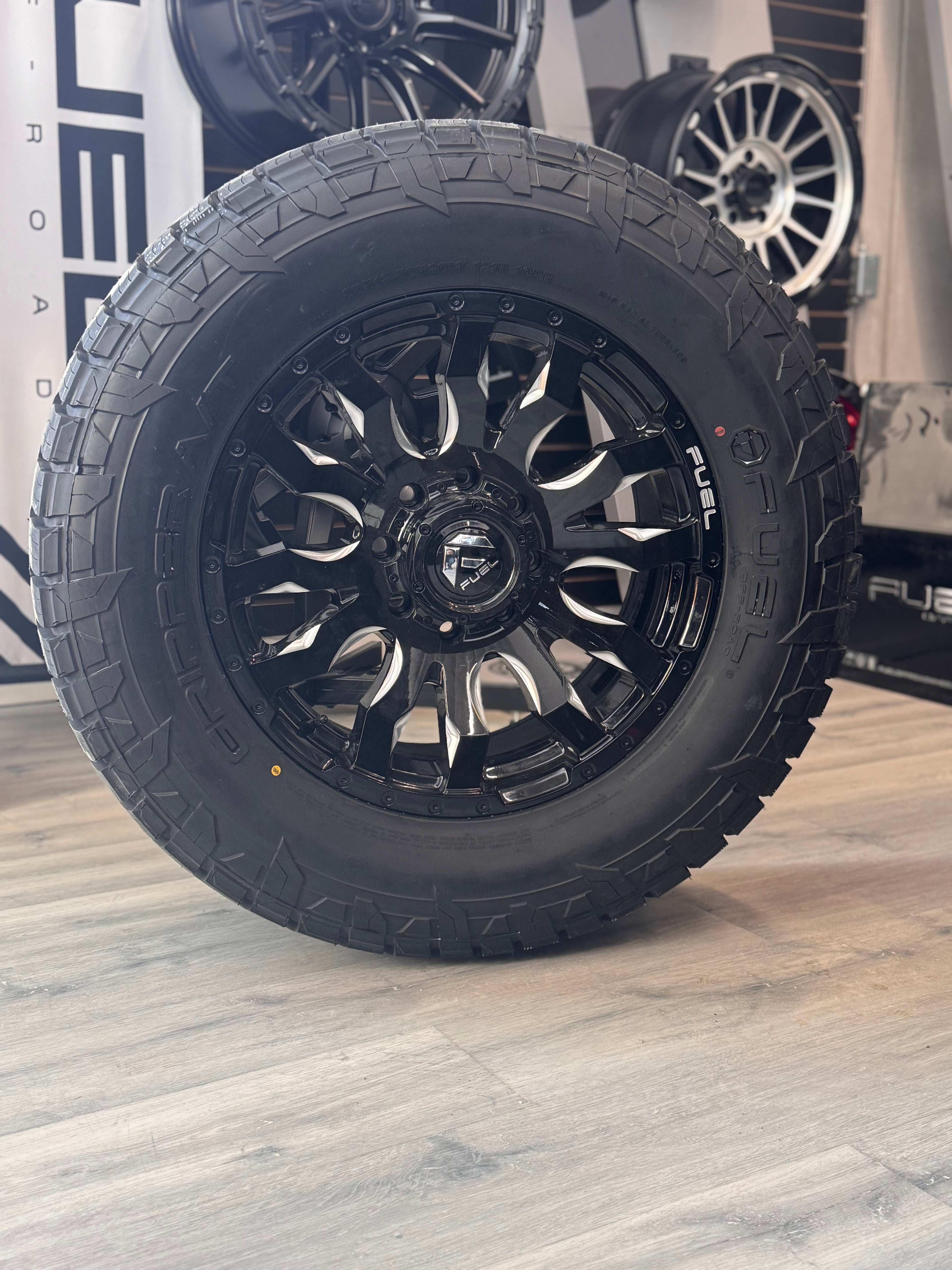 (SET OF FOUR) FUEL BLITZ GLOSS BLK MILLED 20X9 8X165.1 +20 125.1MM | 35X12.50R20 FUEL GRIPPER AT