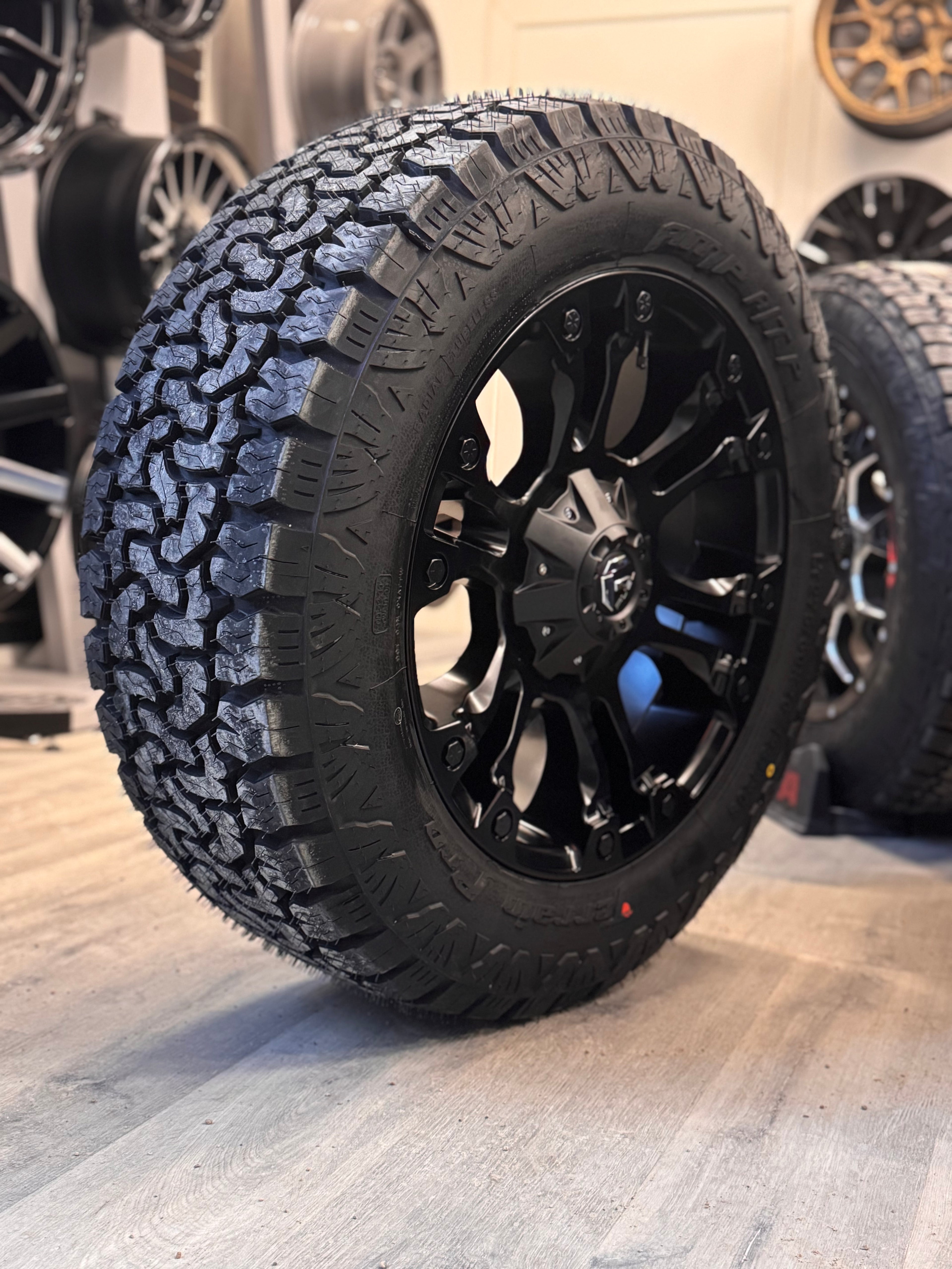 (SET OF FOUR) FUEL VAPOR MATTE BLACK 20X9 +19 6X135/6X139.7 106.1MM | 275/60R20 AMP TERRAIN PRO