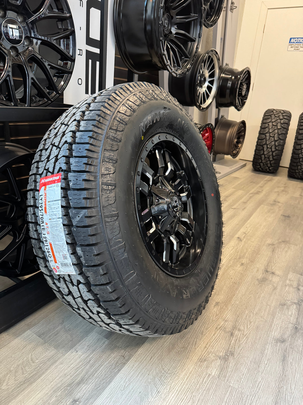 ( SET OF FOUR ) FUEL OFFROAD D595 SLEDGE GLOSS BLACK MILLED 18X9 +20 8X180mm 124.2mm | NANKANG AT-5 CONQUEROR A/T LT 295/70R18 129/126Q E/10 3PMS