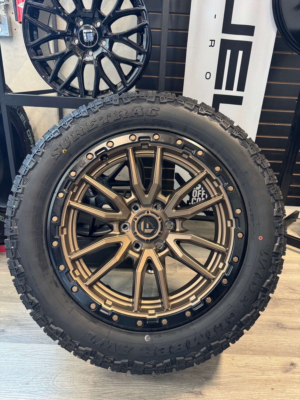 ( SET OF FOUR ) FUEL REBEL 20X9 6X139.7 +1 MATTE BRONZE BLACK BEAD RING | LT 275/55R20 SURETRAC AWT 3PMS