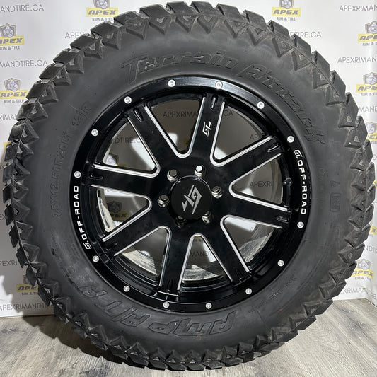 (SET OF FOUR) OFF-ROAD GT INVASIONS GLOSS BLACK/ MILLED SPOKES | 6X135 +12 20X9 | AMP TERRAIN ATTACK 35X12.50R20 (USED)
