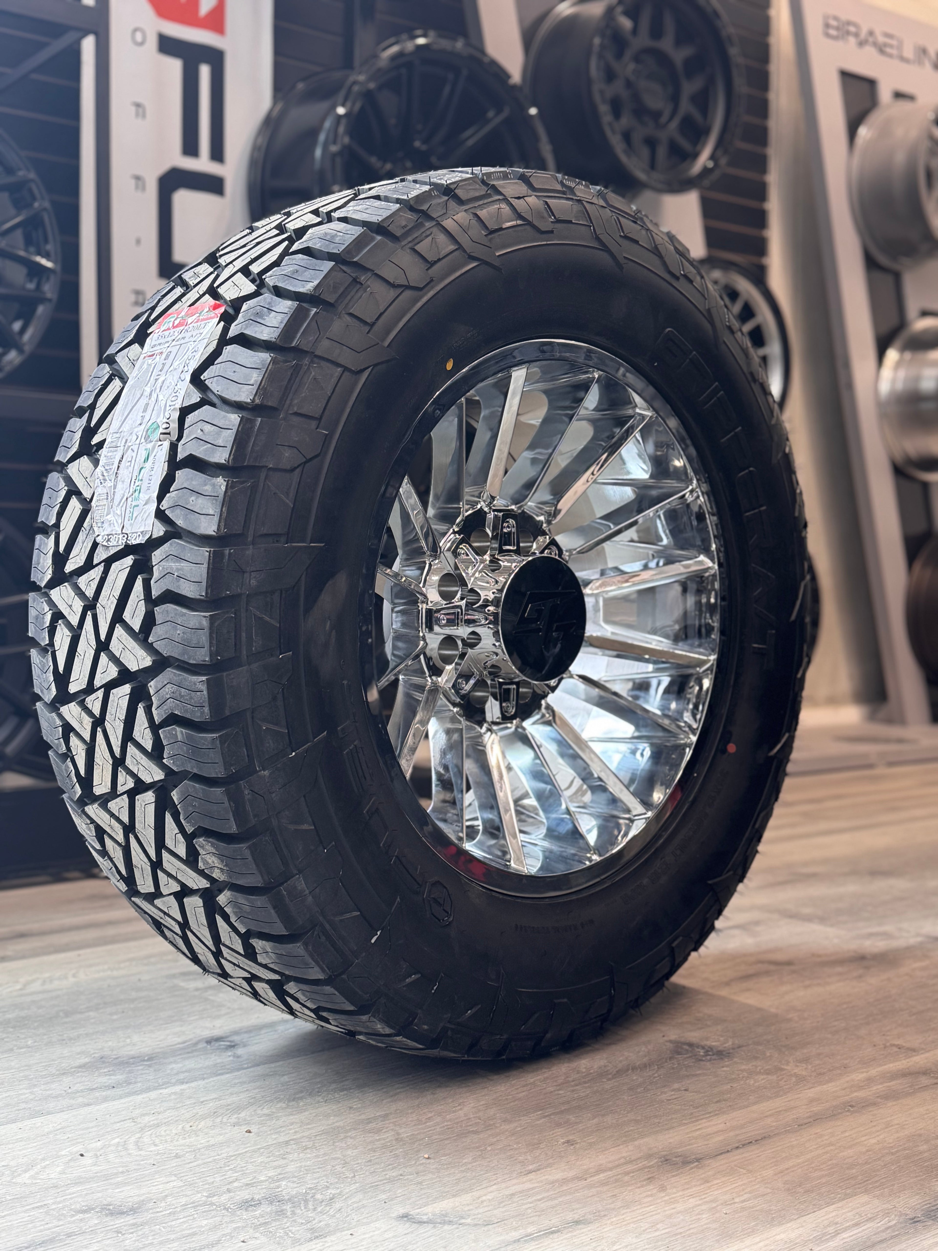 (SET OF FOUR) GT OFF-ROAD STARK CHROME 20X10 8X165.1/8x180 -18 | FUEL GRIPPER A/T LT 10 PLY 35X12.50R20