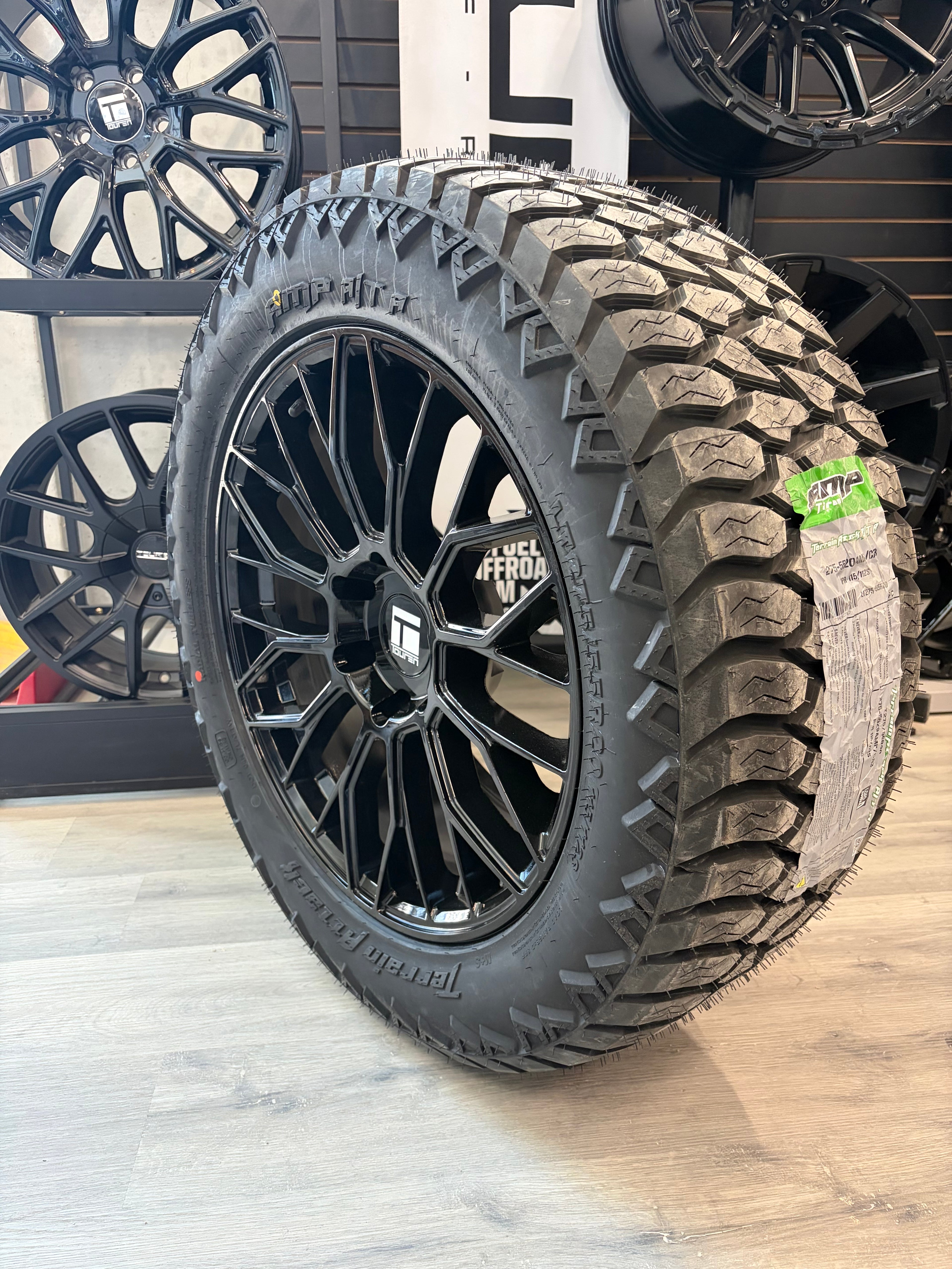 ( SET OF FOUR ) TOUREN TR08 3208 GLOSS BLACK 20X9 +20 6X139.7 106.1MM | LT 275/55R20 AMP ATTACK
