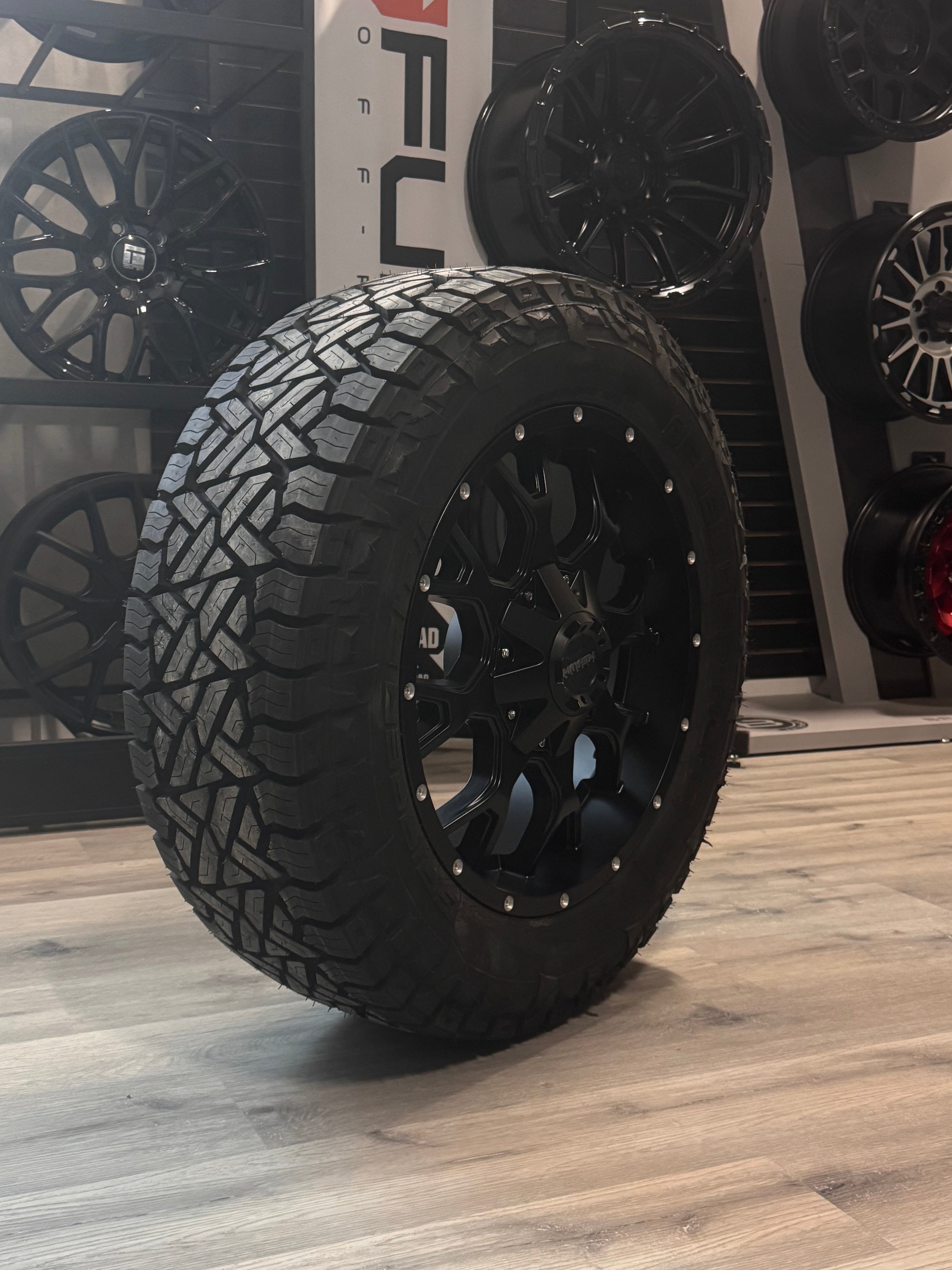 ( SET OF FOUR ) MAYHEM WARRIOR 8015 MATTE BLACK 20X9 6X135/6X139.7 +18 (106MM HUB) | LT 285\55R20 FUEL GRIPPER AT 2