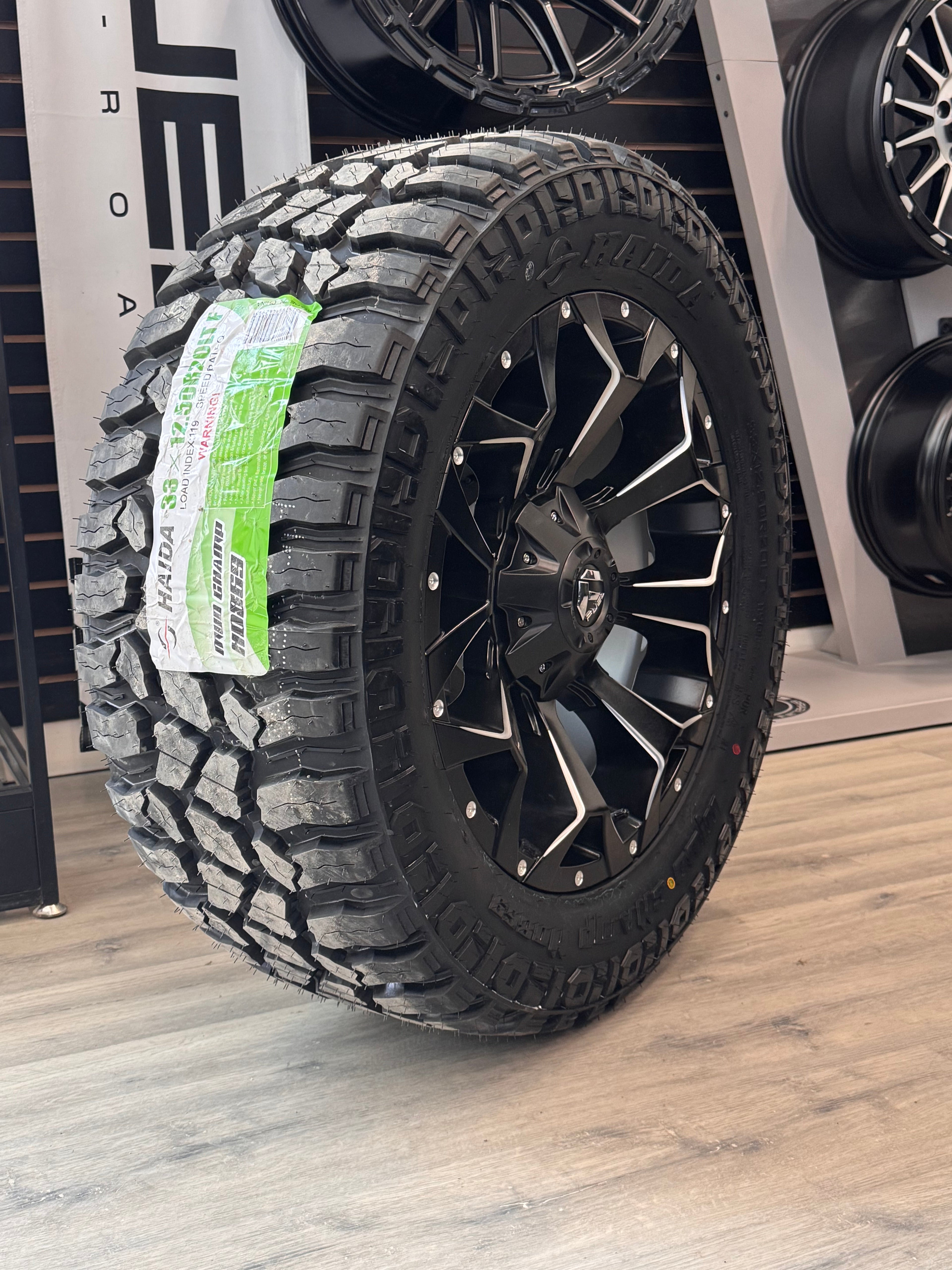 ( SET OF FOUR ) FUEL ASSAULT MATTE BLACK MILLED 20X9 +1 5X139.7/5X150 110.1 | 33X12.50R20 HAIDA 869 MUD CHAMP 3PMS
