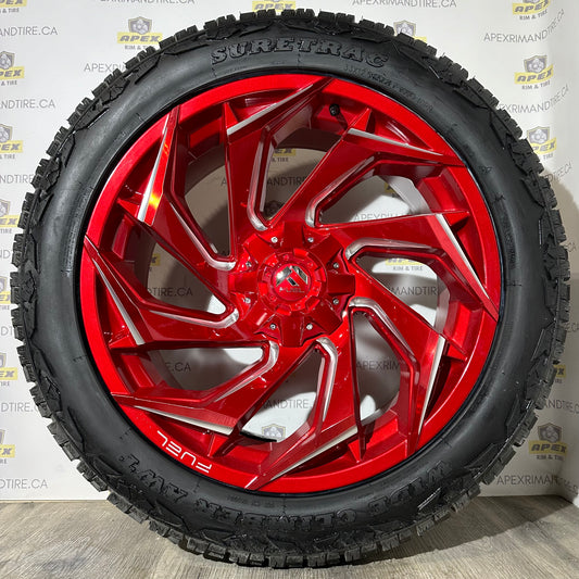 (SET OF FOUR) FUEL REACTION CANDY RED/ MILLED | 6X135/6x139.7  22x10 -18 | SURETRAC WIDE CLIMBERS 33x12.50R22