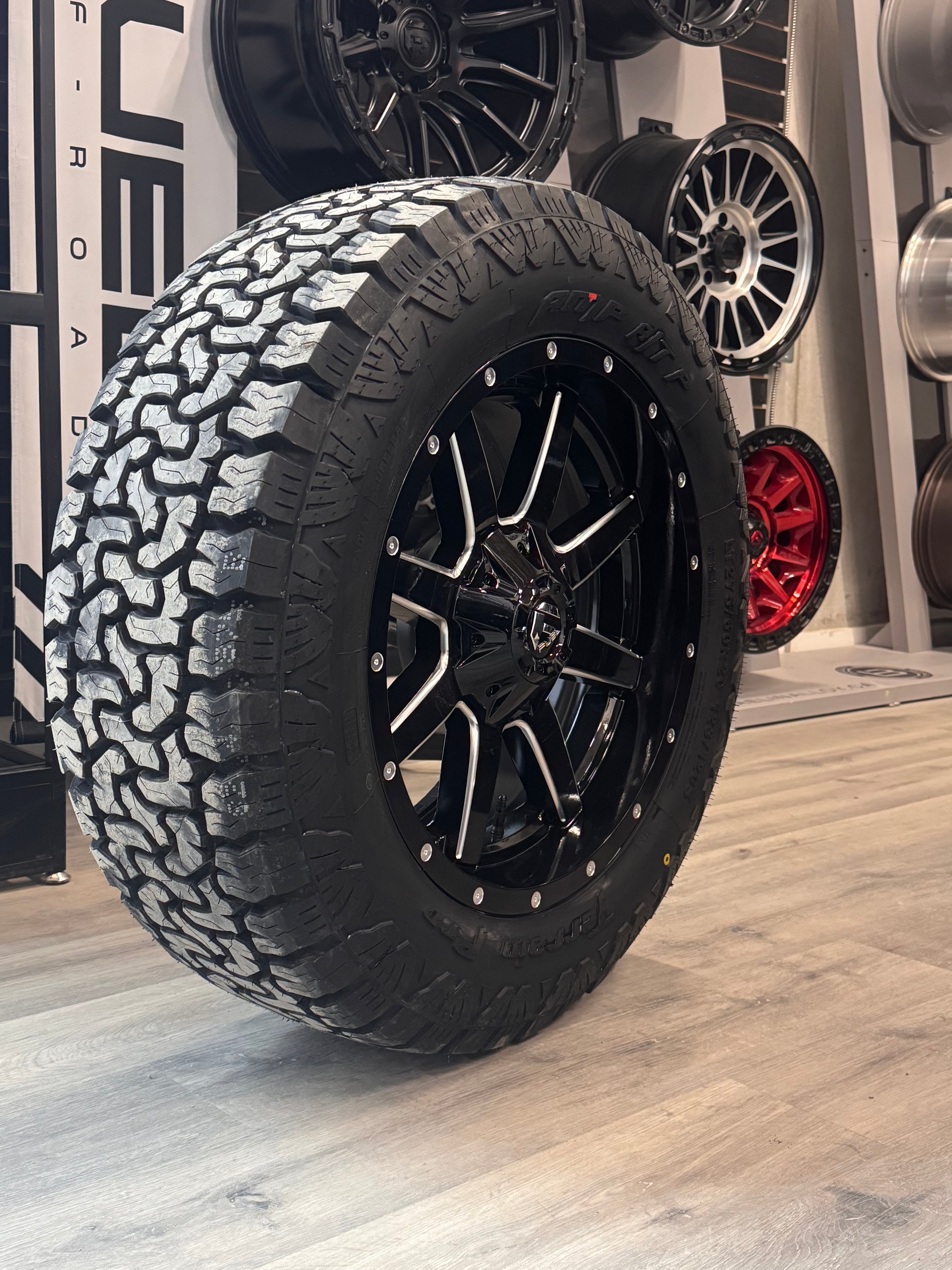 ( SET OF FOUR ) FUEL MAVERICK 20X9 +1 6X135/6X139.7 106.1 GLOSS BLK MILL | LT 275/60R20 AMP TERRAIN PRO