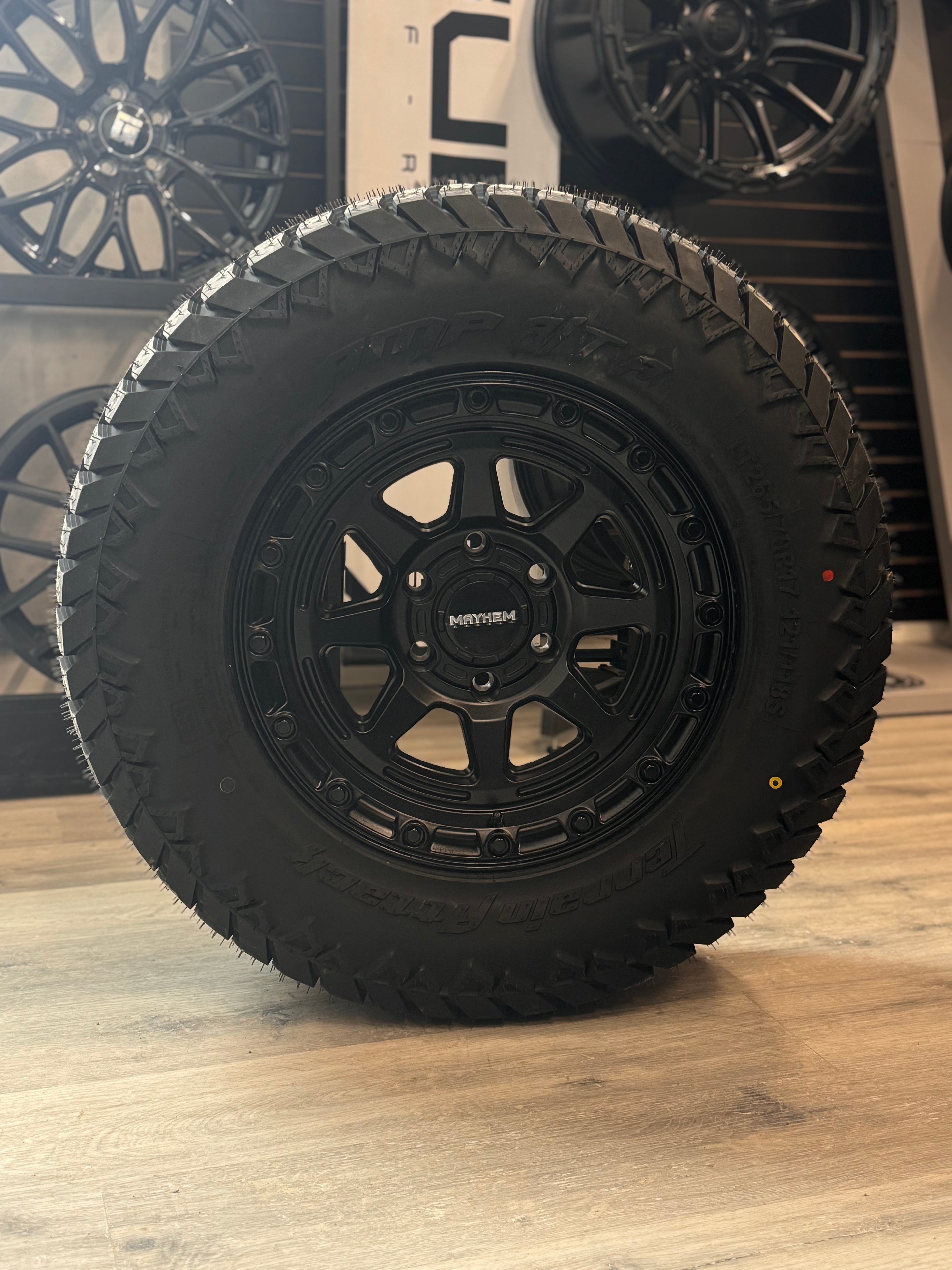 (SET OF FOUR) MAYHEM RIDGELINE 8306 SATIN BLK 17X8.5 6X139.7 +6 106.1MM | LT 265/70R17 AMP TERRAIN ATTACK AT