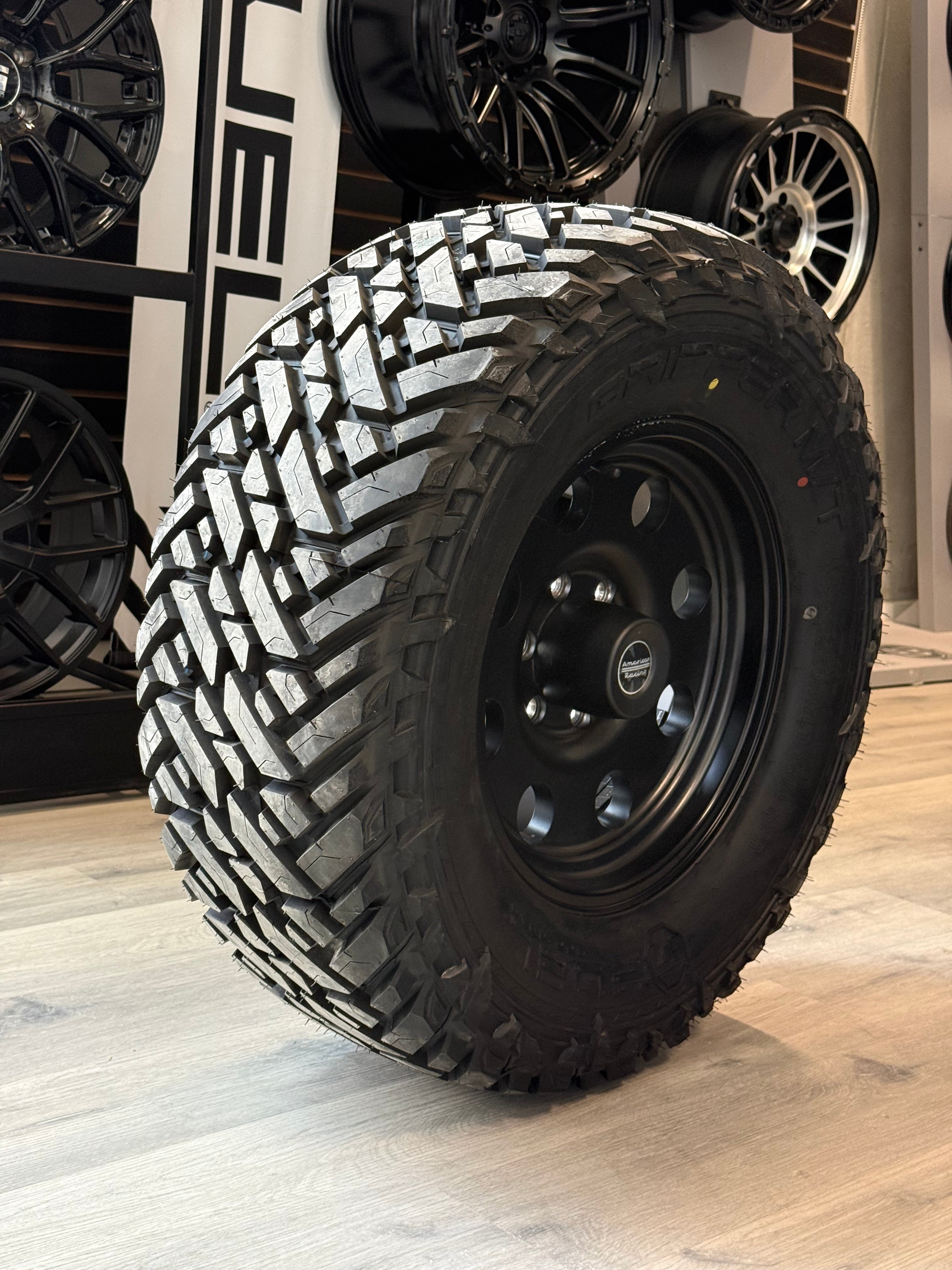 (SET OF FOUR) AMERICAN RACING AR172 BAJA 17X8 +0 6X139.7 108MM SATIN BLK | LT 33X12.50R17 FUEL GRIPPER M/T