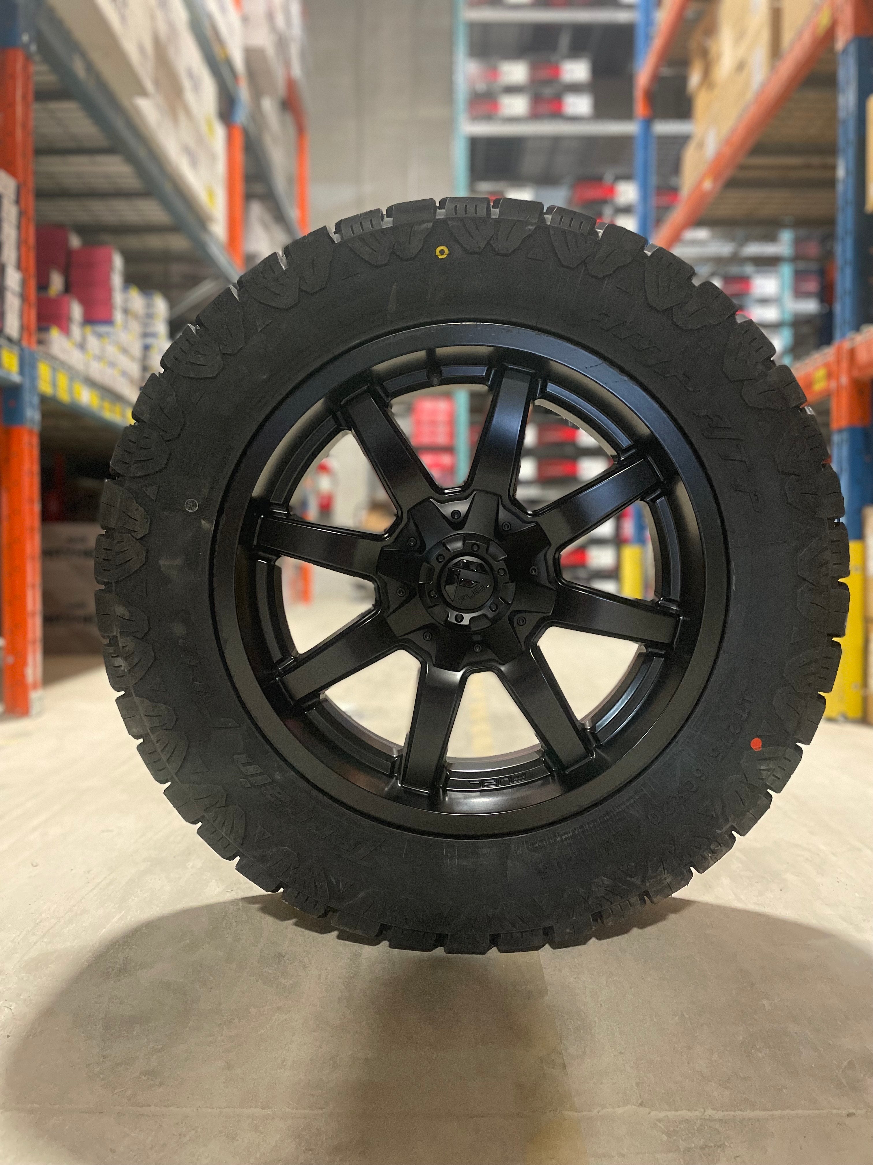 (SET OF FOUR) Fuel Maverick Matte BLK 20x9 6x139.7/6x135 +19 | 275/60r20 Amp Terrain Pro