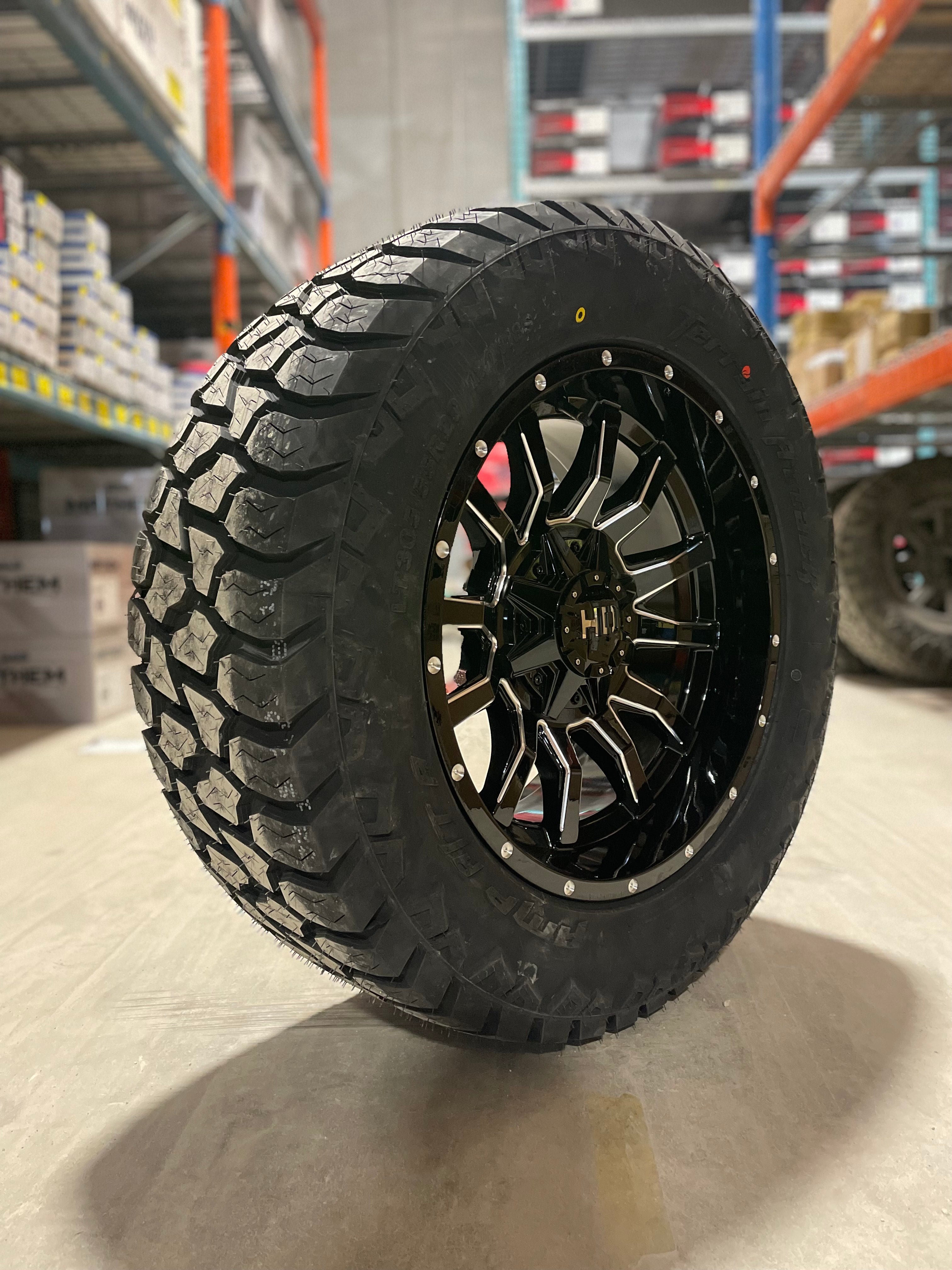 (SET OF FOUR) Fast Traxx 20x10 8x165.1 -15 BLK Milled | 305/55r20 Amp Attack AT