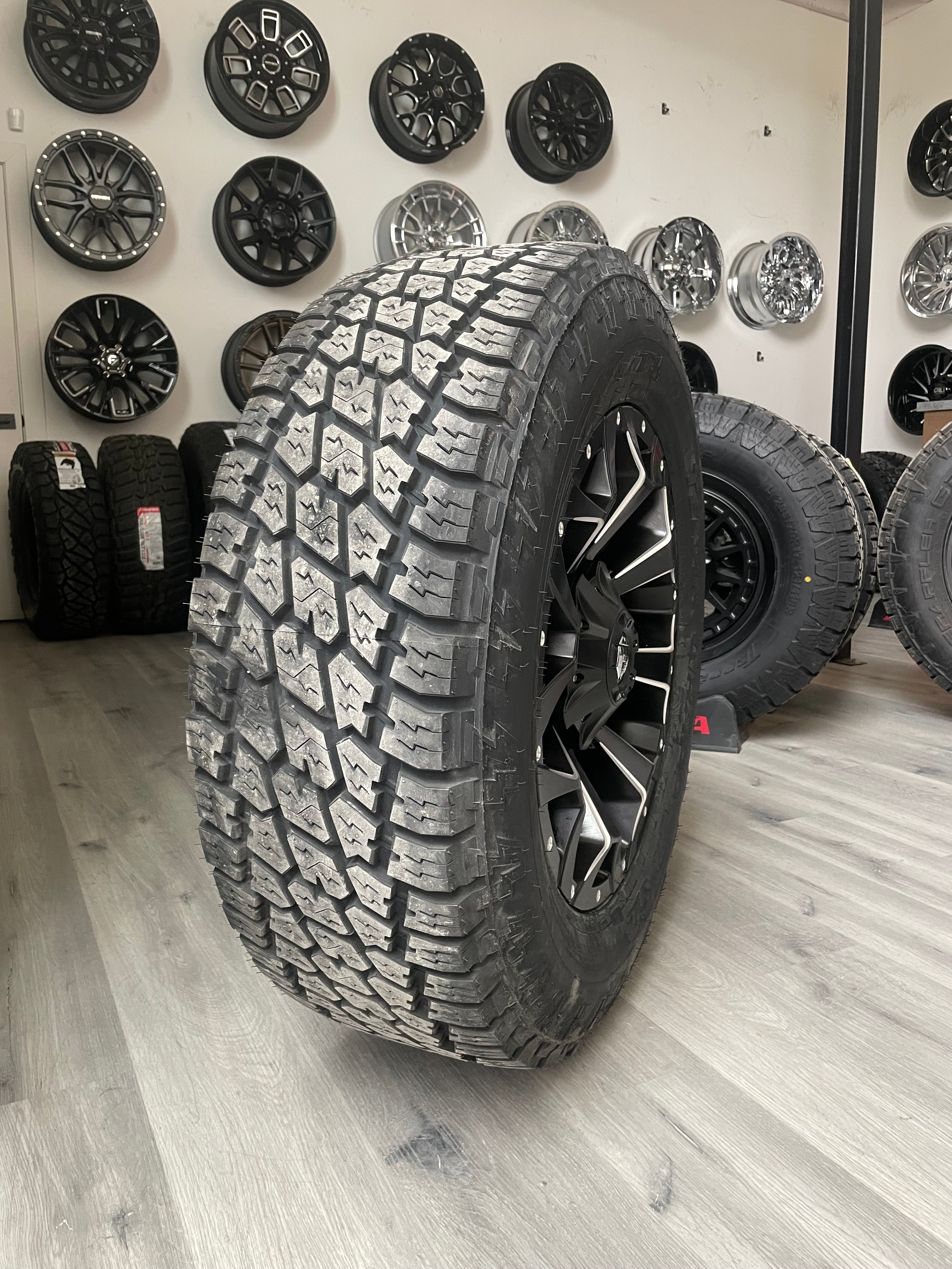 ( SET OF FOUR ) FUEL ASSAULT GLOSS BLACK MILLED 20X9 +20 8X180 | 285/65R20 NITTO TERRA GRAPPLER G2 3PMS