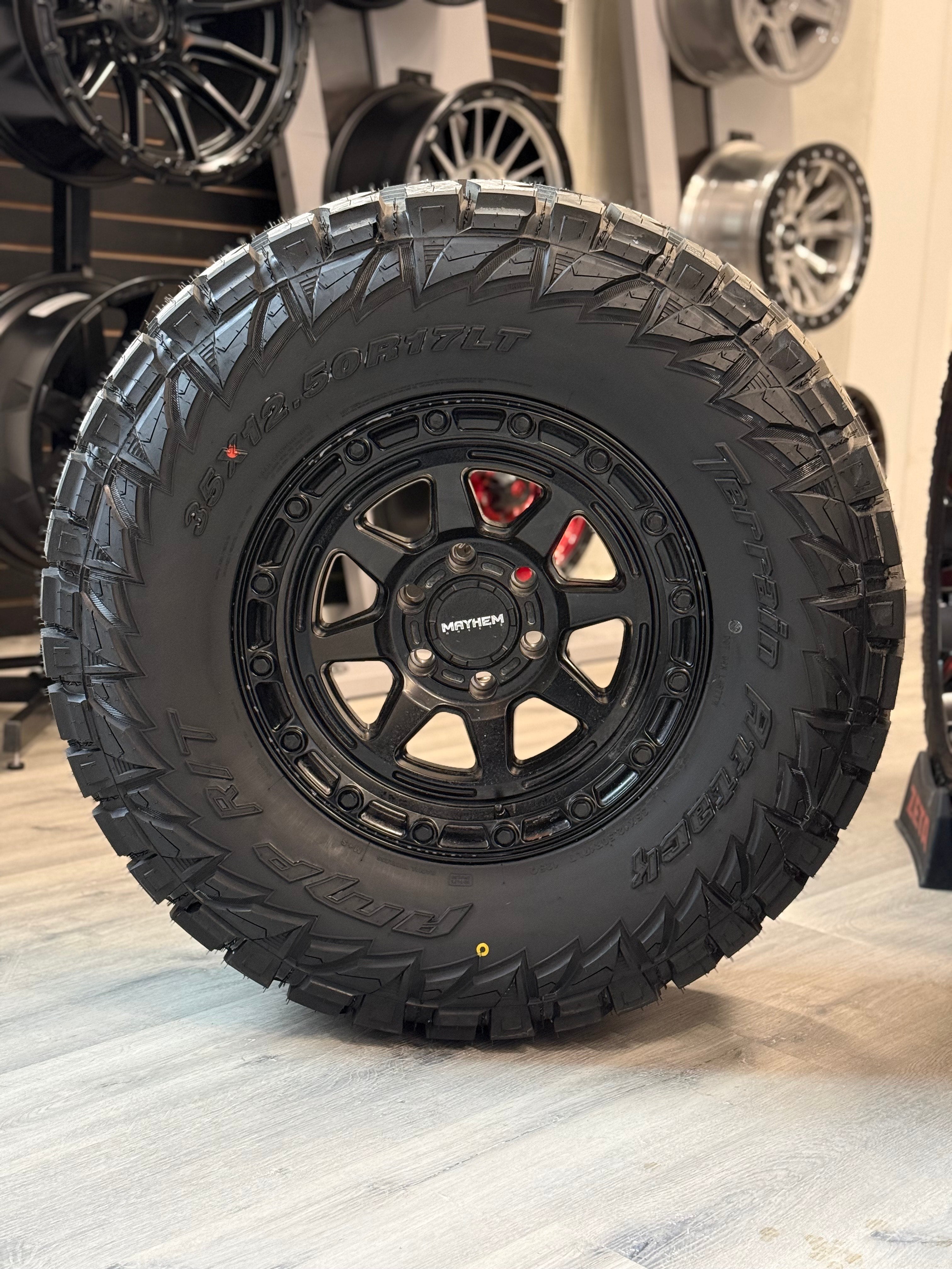 (SET OF FOUR) Mayhem Ridgeline Satin BLK 17x8.5 6x135 -6 87.1MM | LT 35x12.50R17 Amp Terrain Attack RT 10PR ( F150 )
