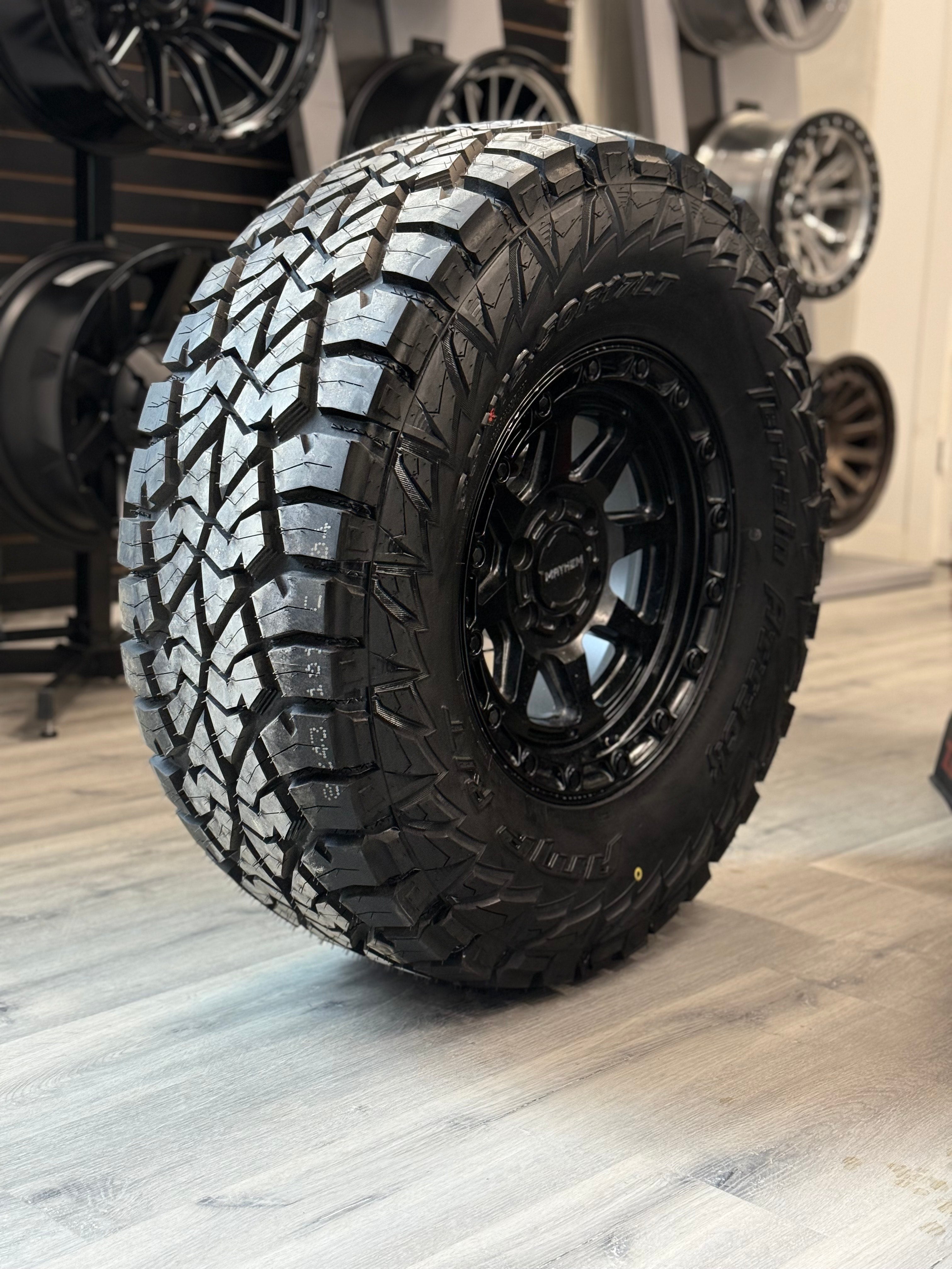 (SET OF FOUR) Mayhem Ridgeline Satin BLK 17x8.5 6x135 -6 87.1MM | LT 35x12.50R17 Amp Terrain Attack RT 10PR ( F150 )