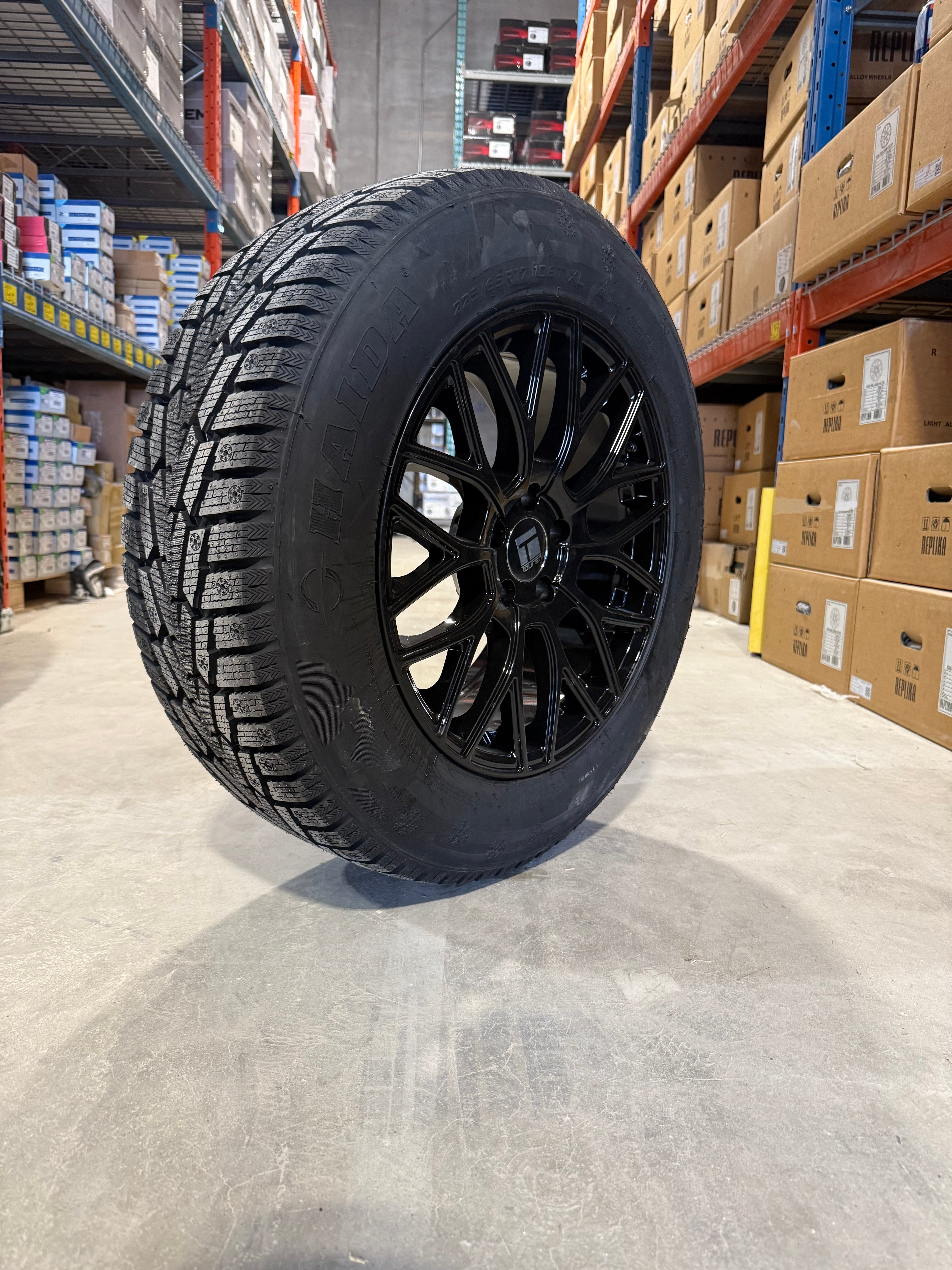 (SET OF FOUR) Touren TR76 17x8 5x108 +35 Gloss BLK | 225/65r17 Haida HD677 Winter ( FORD )