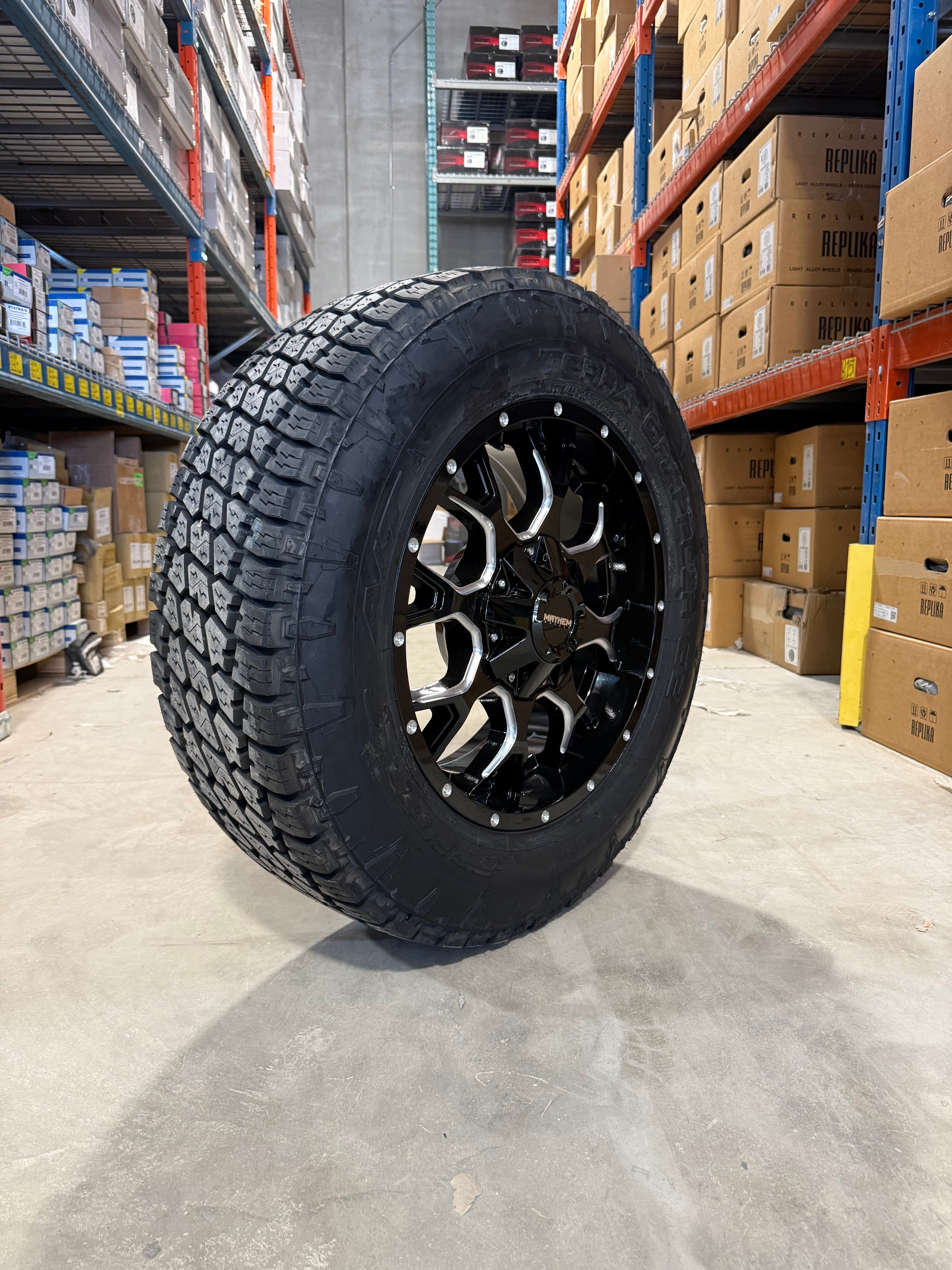 (SET OF FOUR) Mayhem Warrior 20x9 8x165.1 +18 BLK Milled | LT275/65r20 Nitto Terra Grappler AT G2 3PMS