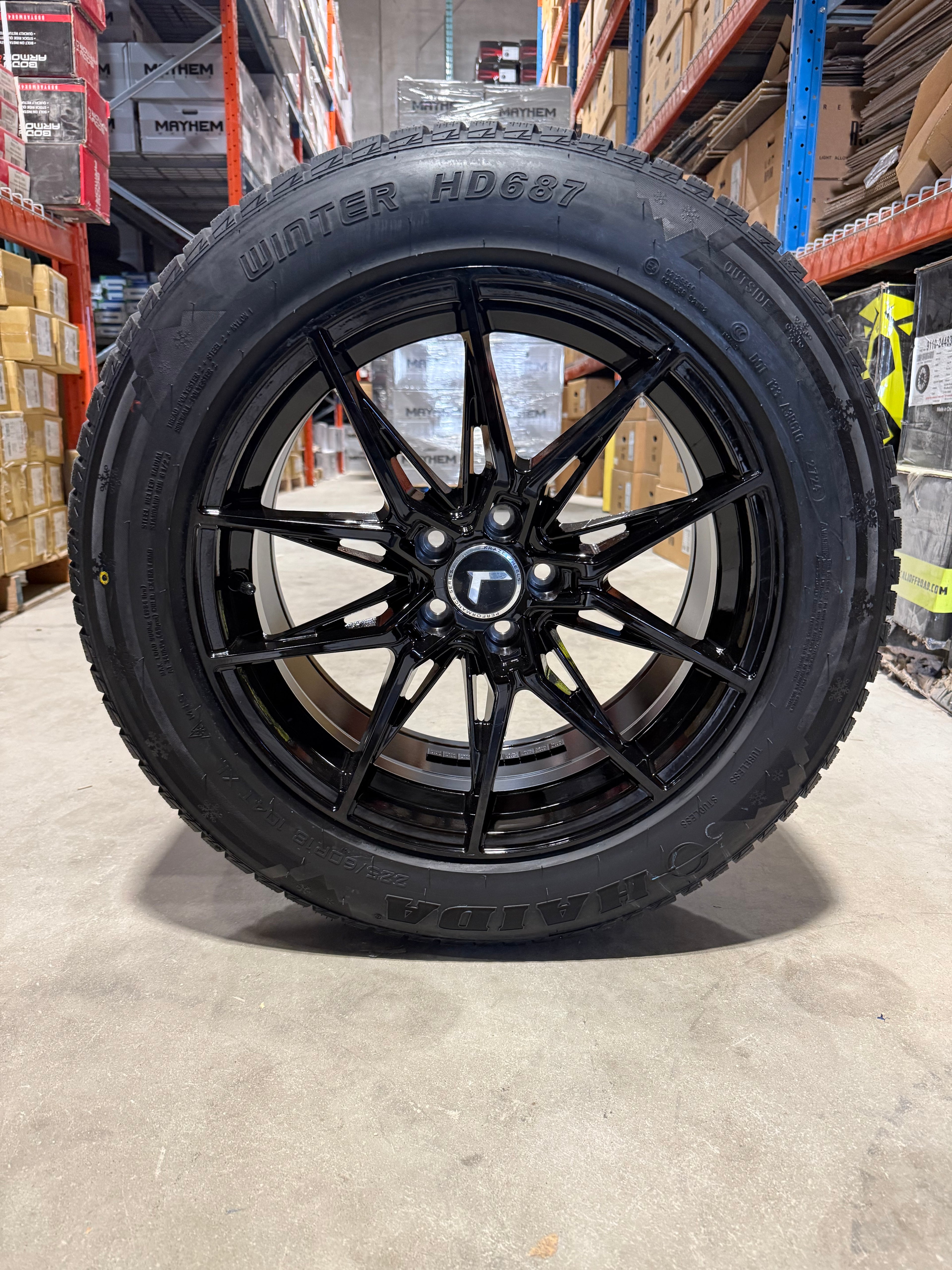 (SET OF FOUR) Kraze Evolve 18x8.5 5x108 +35 Gloss BLK | 225/60r18 Haida 687 ULTRA-GRIP Winter Tires (Ford Escape, Ford Bronco sport ,Ford Edge, Lincoln MKZ and more!)