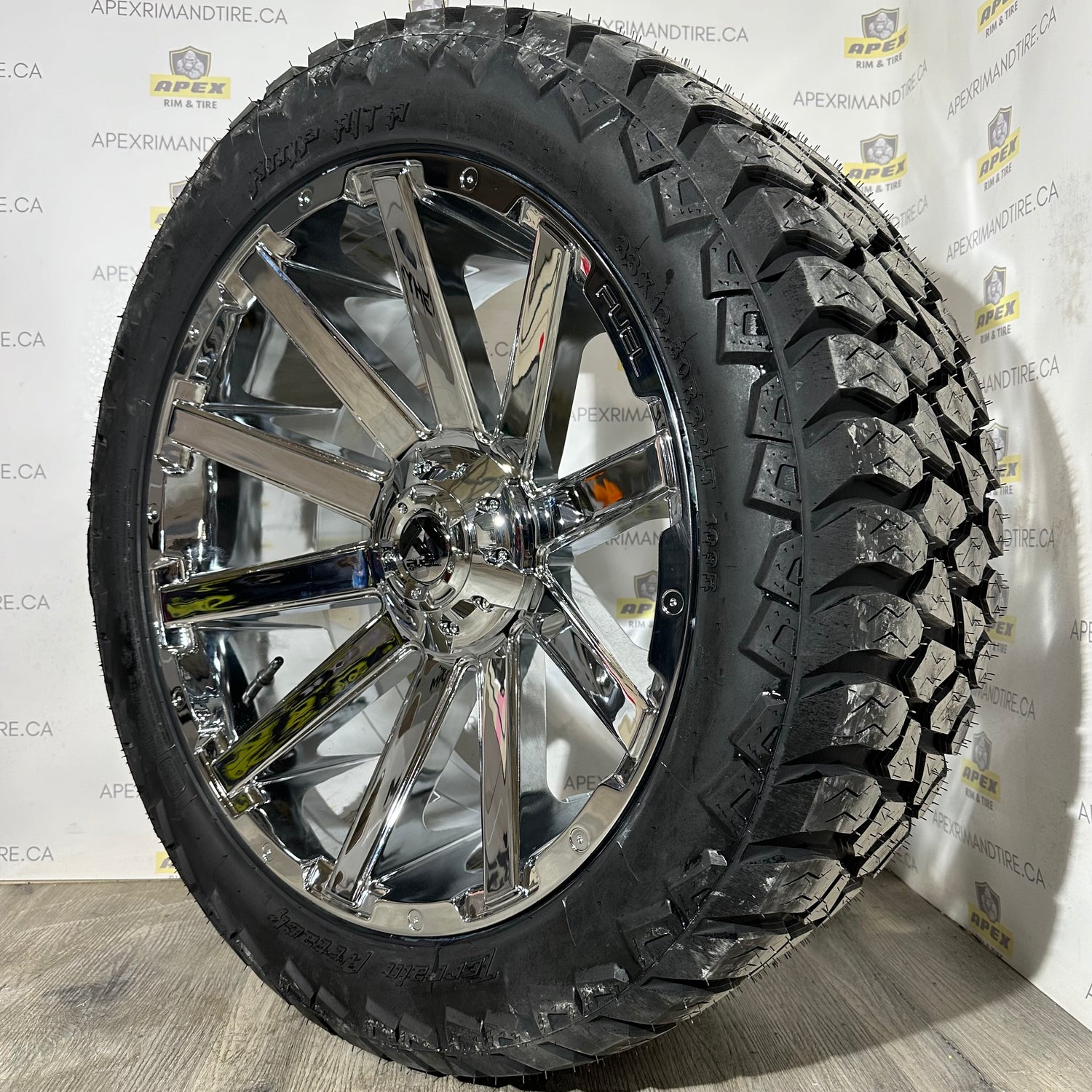 (SET OF FOUR) FUEL CONTRA CHROME | 22x10 6x135/ 6x139.7 +18 | AMP TERRAIN ATTACK 33x12.50R22