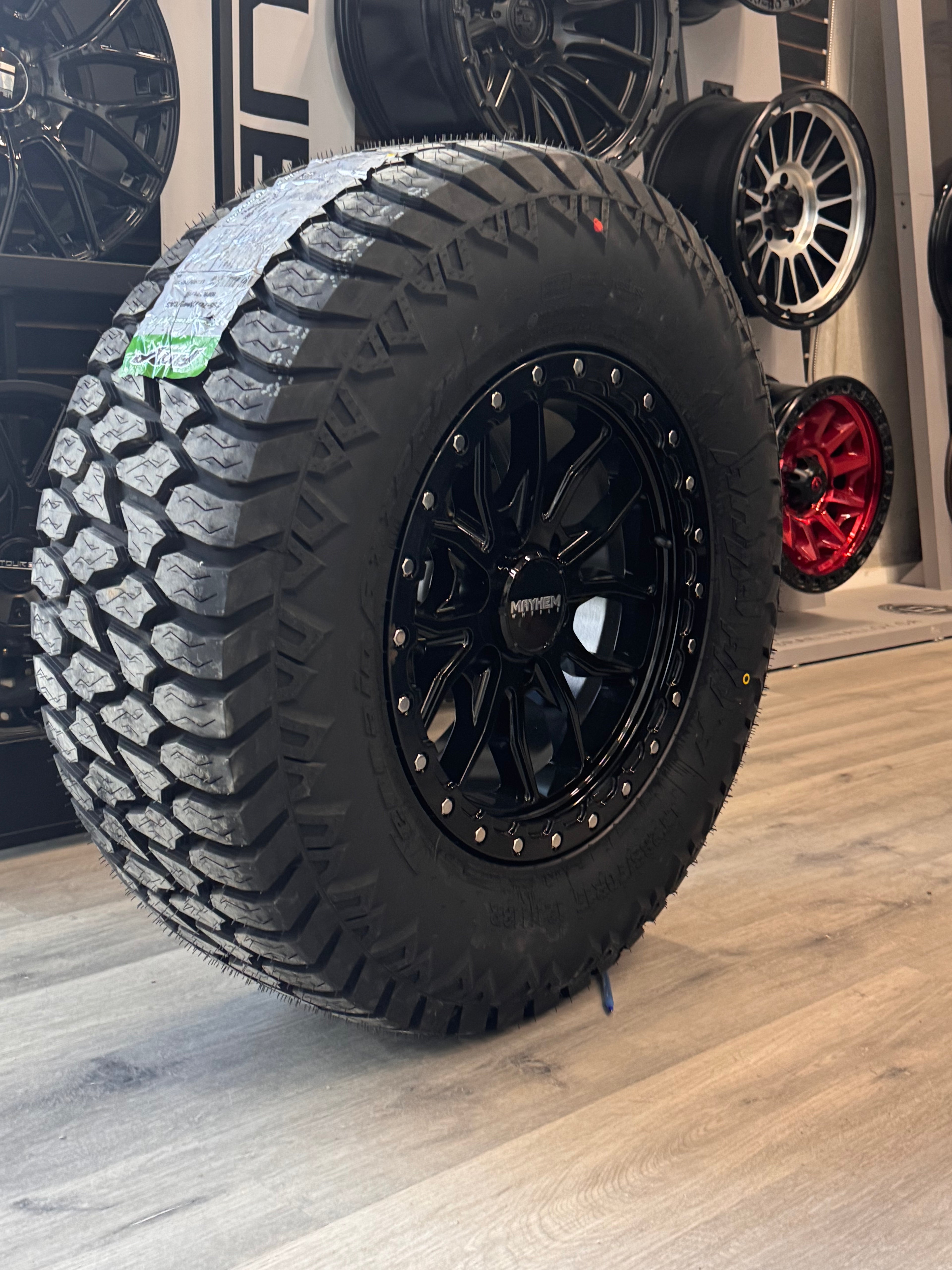 ( SET OF FOUR ) MAYHEM VECTOR 8310 GLOSS BLACK 17X9 6X139.7 18MM 106MM | LT 285/70R17 AMP TERRIAN ATTACK ATA