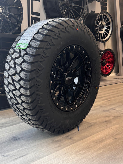 ( SET OF FOUR ) MAYHEM VECTOR 8310 GLOSS BLACK 17X9 6X139.7 18MM 106MM | LT 285/70R17 AMP TERRIAN ATTACK ATA