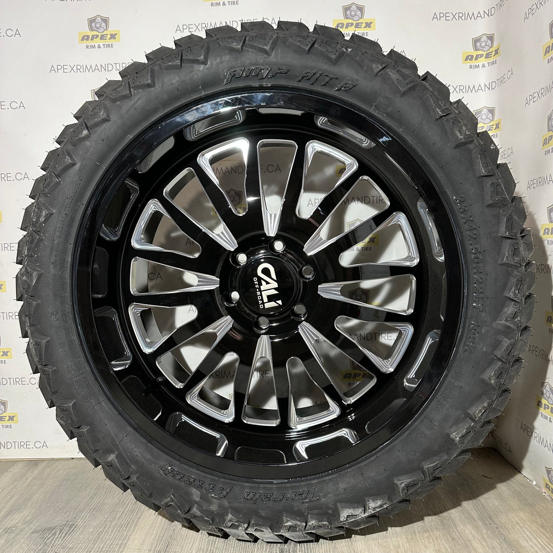 (SET OF FOUR) CALI-OFF ROAD SUMMIT GLOSS BLACK MILLED | 6x139.7 +0 22x10 | AMP TERRAIN ATTACK 33x12.50R22