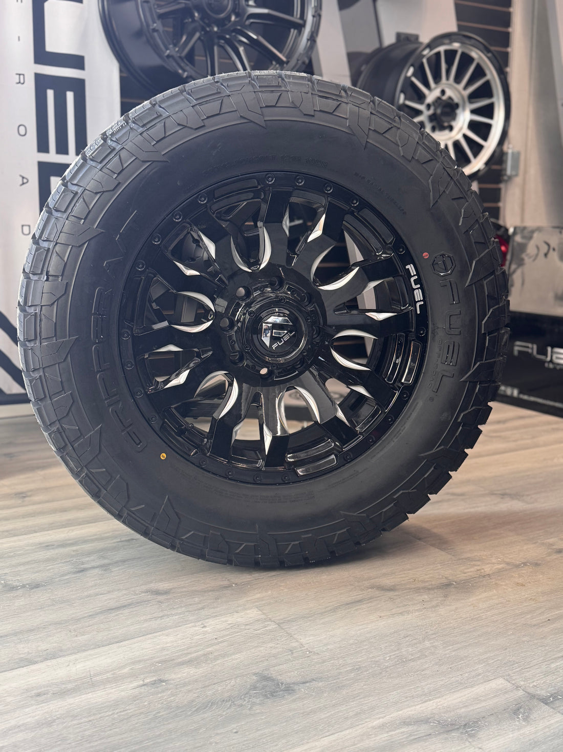 (SET OF FOUR) FUEL BLITZ GLOSS BLK MILLED 20X9 8X165.1 +20 125.1MM | 35X12.50R20 FUEL GRIPPER AT