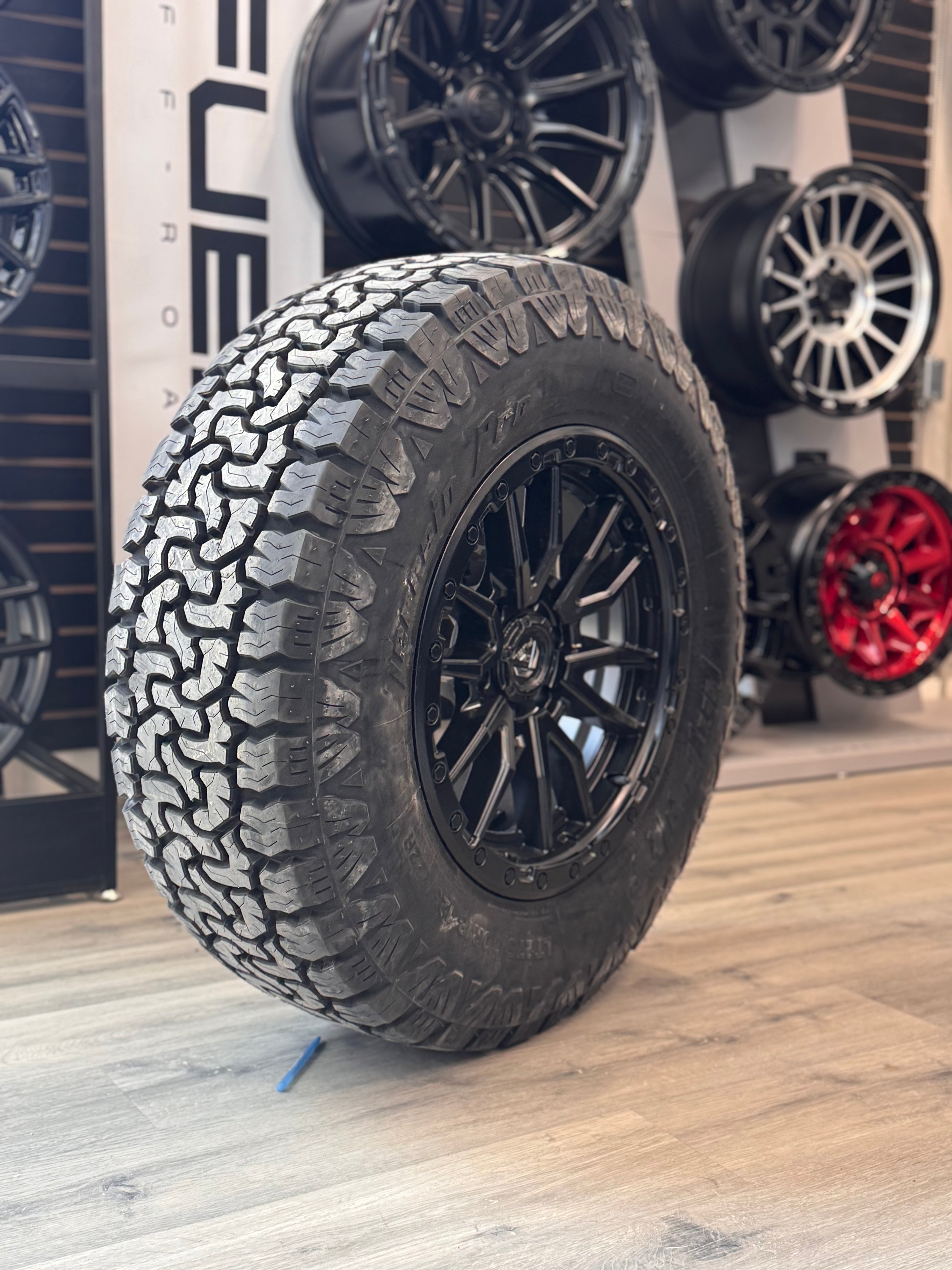 ( SET OF FOUR ) FUEL REBEL 18X9 +20 6X135 87.1 MATTE BLACK | LT 275/70R18 AMP TERRAIN PRO
