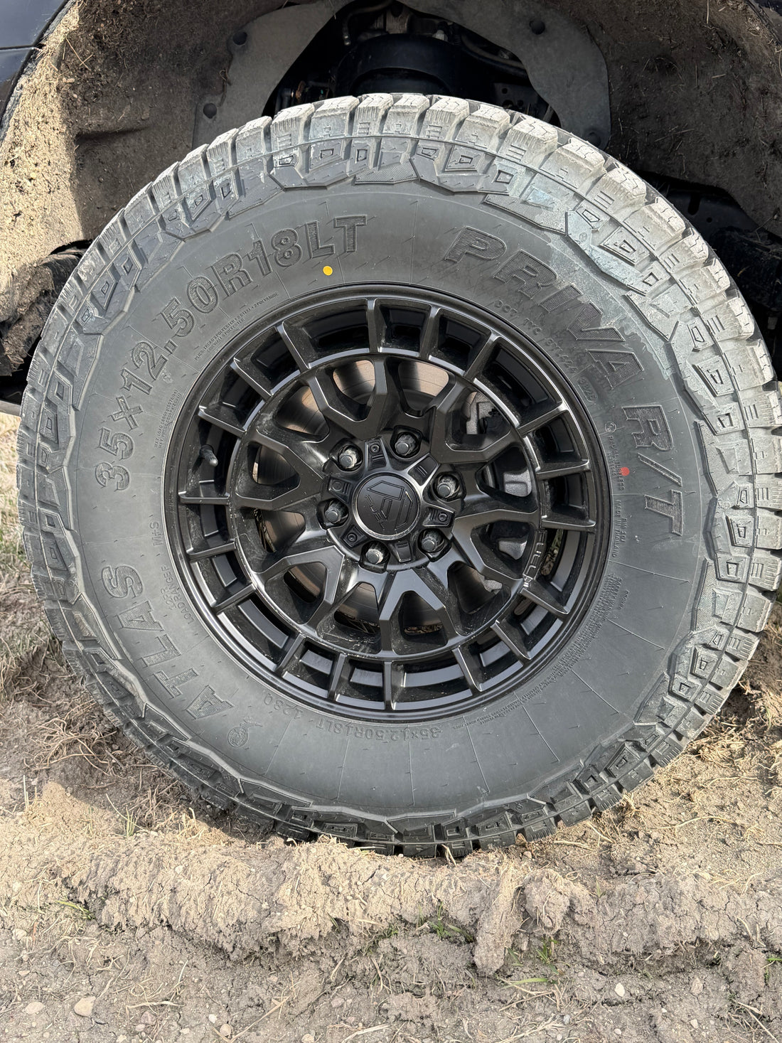 (SET OF FOUR) FUEL REVOLT 18X9 +20 6X135 87 MATTE BLACK | LT 35X12.50R18 ATLAS PRIVA R/T 12PR *** TAKEOFFS 500KM ***