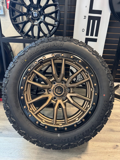 ( SET OF FOUR ) FUEL REBEL 20X9 6X139.7 +1 MATTE BRONZE BLACK BEAD RING | LT 275/55R20 SURETRAC AWT 3PMS