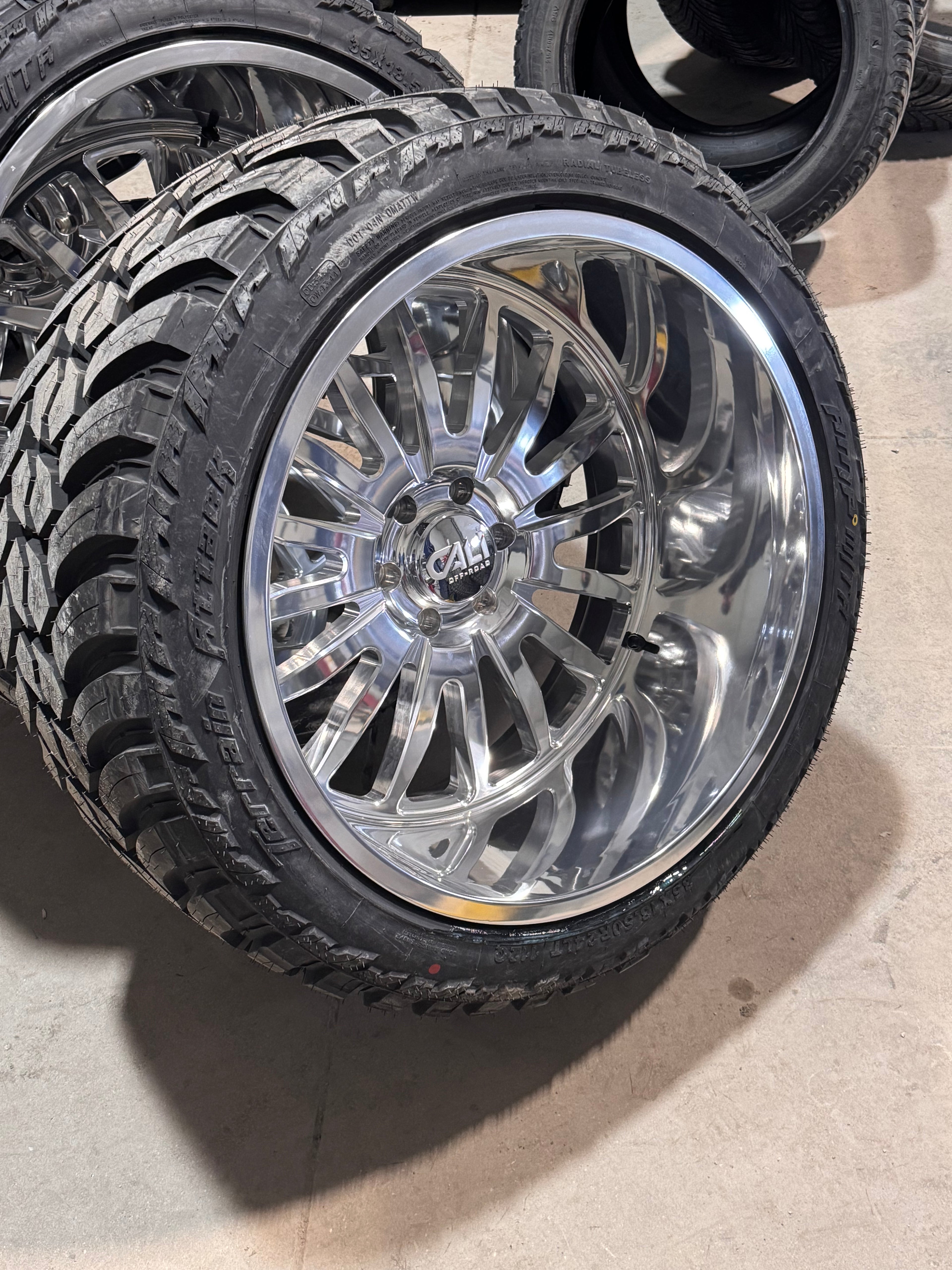 ( SET OF FOUR ) CALI OFF-ROAD 9110 SUMMIT POLISHED 24X14 6X139.7 -76 106MM | AMP TERRAIN ATTACK M/T A 35X13.50R24