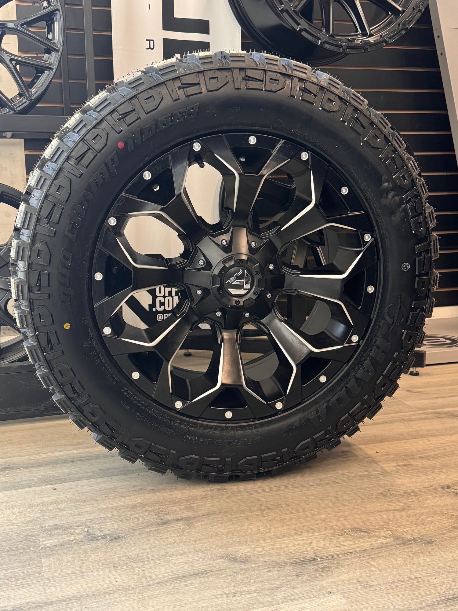 ( SET OF FOUR ) FUEL ASSAULT MATTE BLACK MILLED 20X9 +20 6X135/6X139.7 | LT 275/60R20 HAIDA MUD CHAMP 869 3PMS