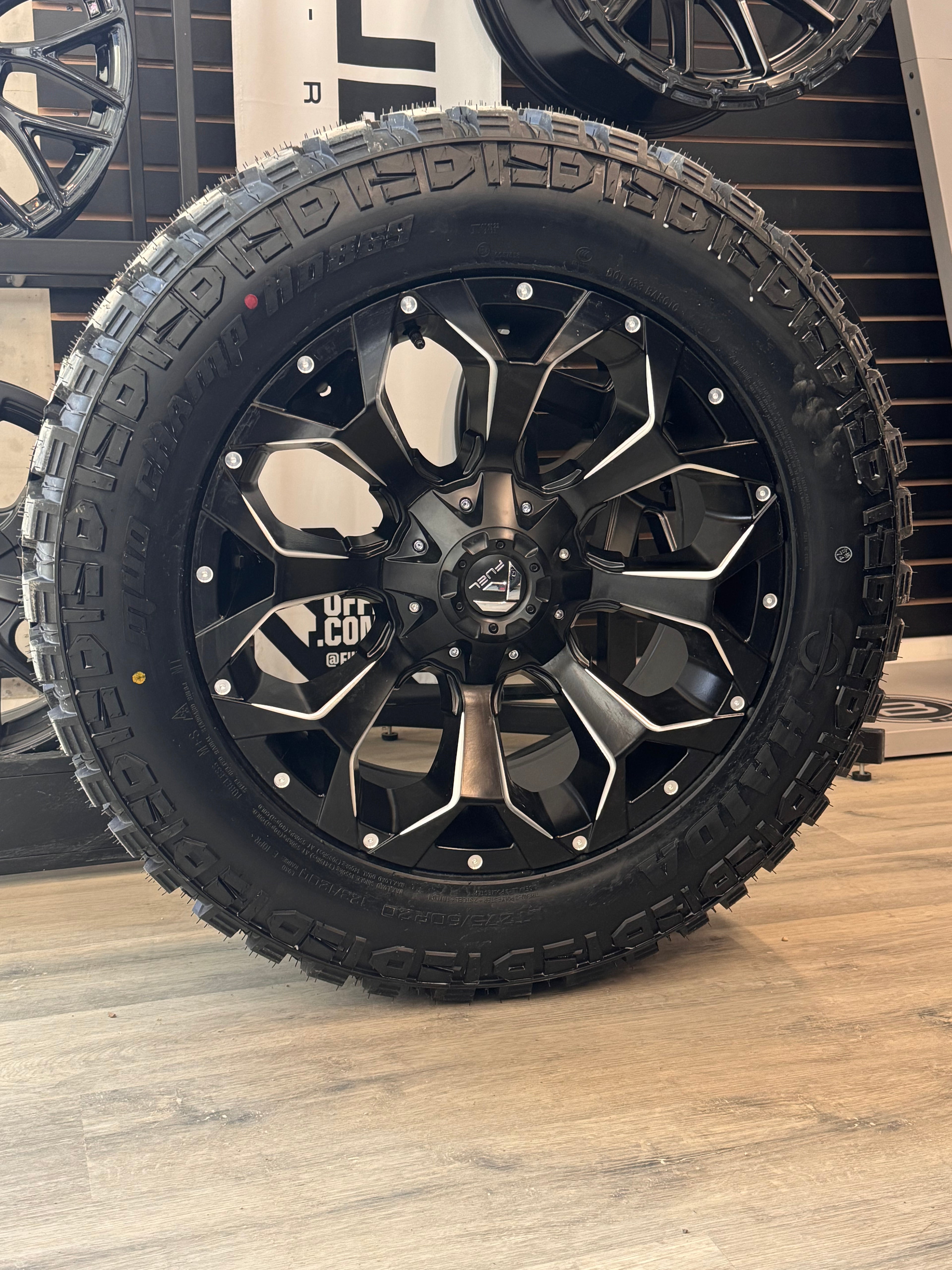 ( SET OF FOUR ) FUEL ASSAULT MATTE BLACK MILLED 20X9 +20 6X135/6X139.7 | LT 275/60R20 HAIDA MUD CHAMP 869 3PMS