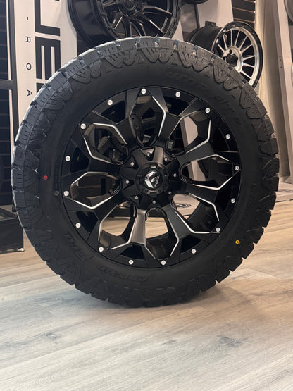 ( SET OF FOUR ) FUEL ASSAULT MATTE BLACK MILLED 20X9 +20 6X135/6X139.7 | LT 275/60R20 AMP TERRAIN PRO
