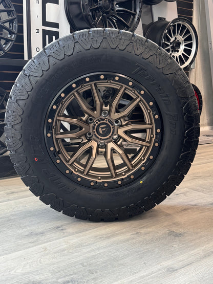 ( SET OF FOUR ) FUEL REBEL 18X9 +1 6X135 87.1 MATTE BRONZE BLACK BEAD RING | LT 275/70R18 AMP TERRAIN PRO