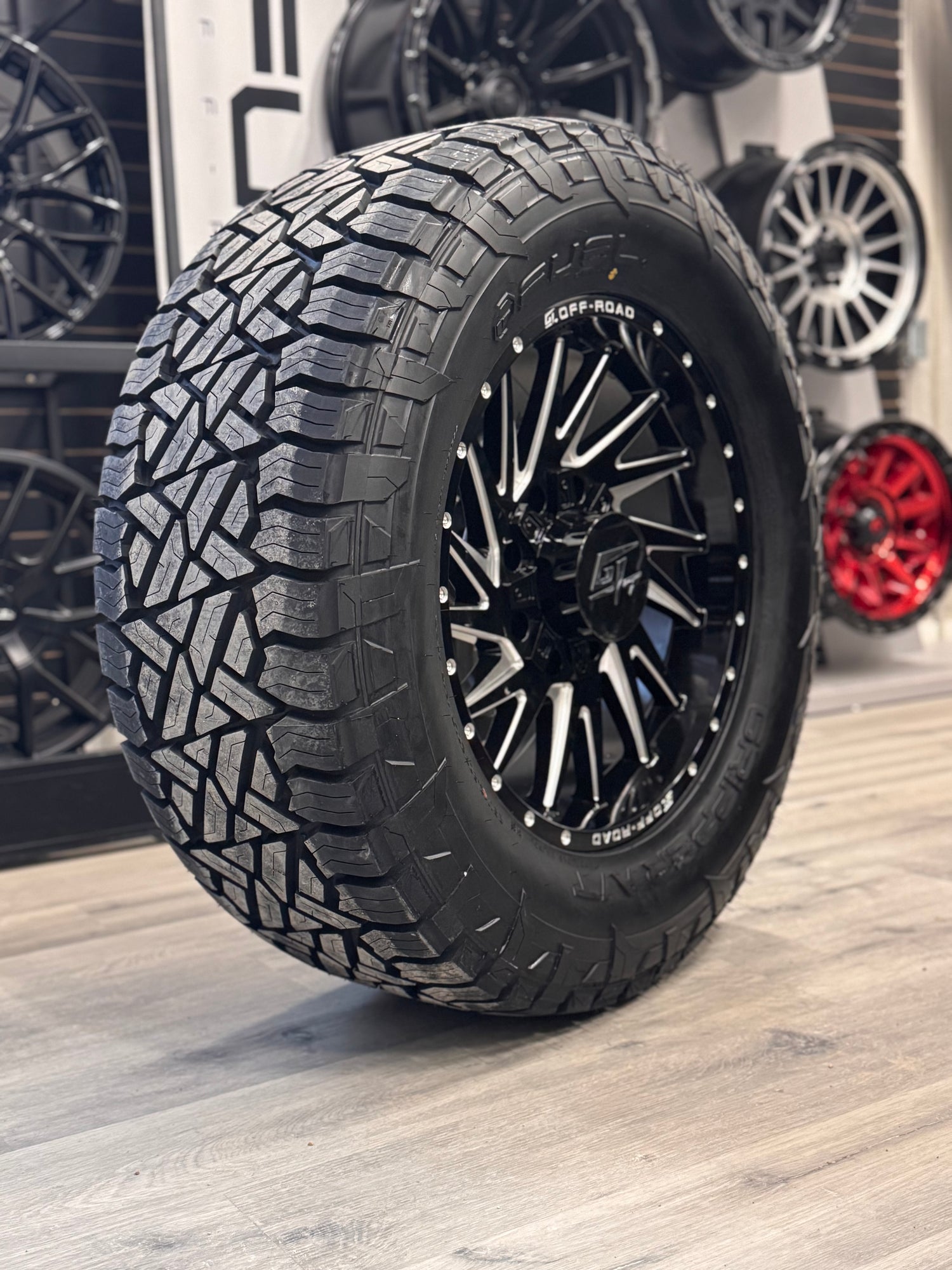 (SET OF FOUR) GT OFF-ROAD TOMAHAWK GLOSS BLACK MILLED 20X9 +12 8X165.1 / 8X180MM | 35X12.50R20 FUEL GRIPPER AT 10PLY