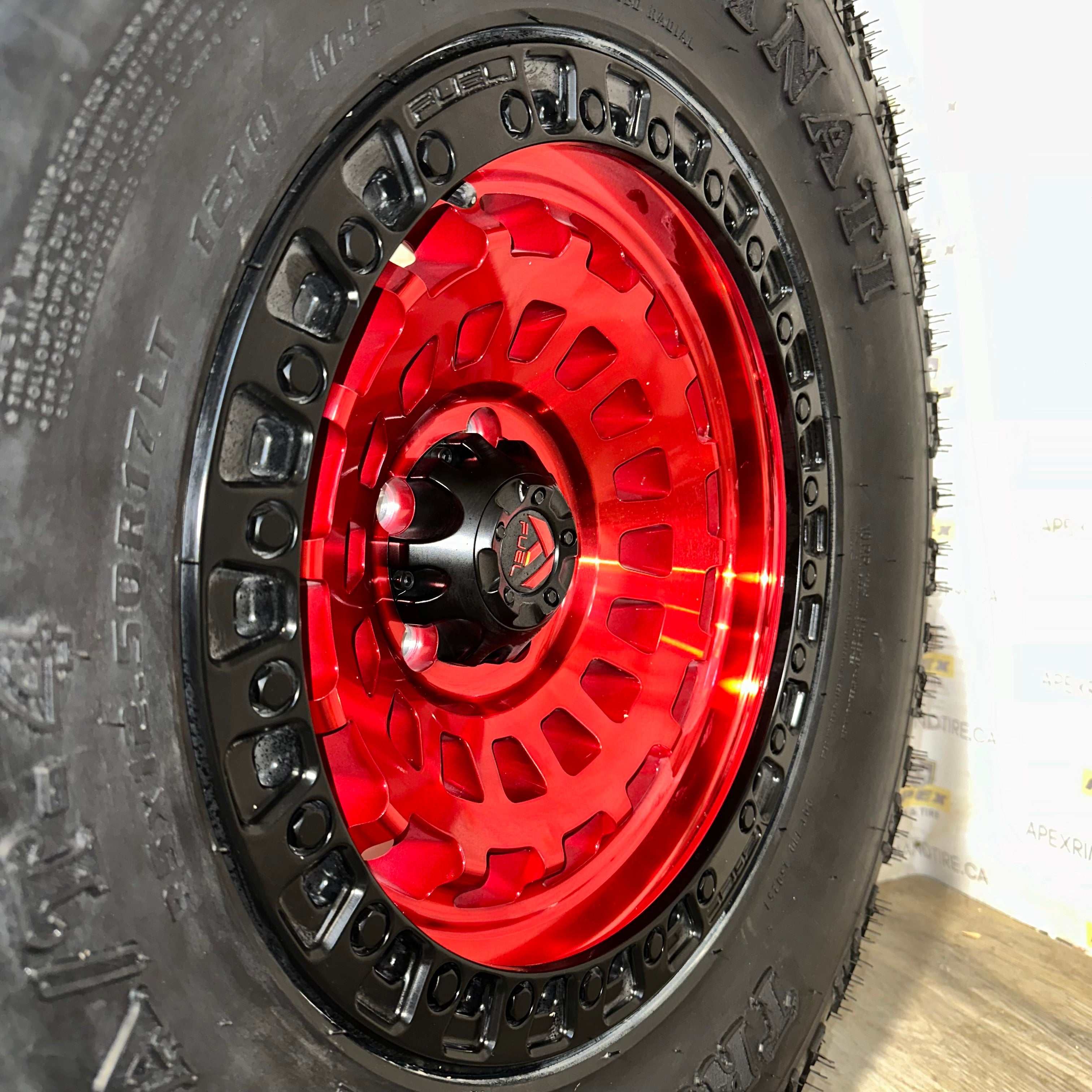 (SET OF FOUR) FUEL OFF-ROAD ZEPHYR CANDY RED BLACK-BEADLOCK | 17X9 +0 5X127 | KANATI TRAIL HOG A/T-4 M+S 10PR | 35x12.50R17