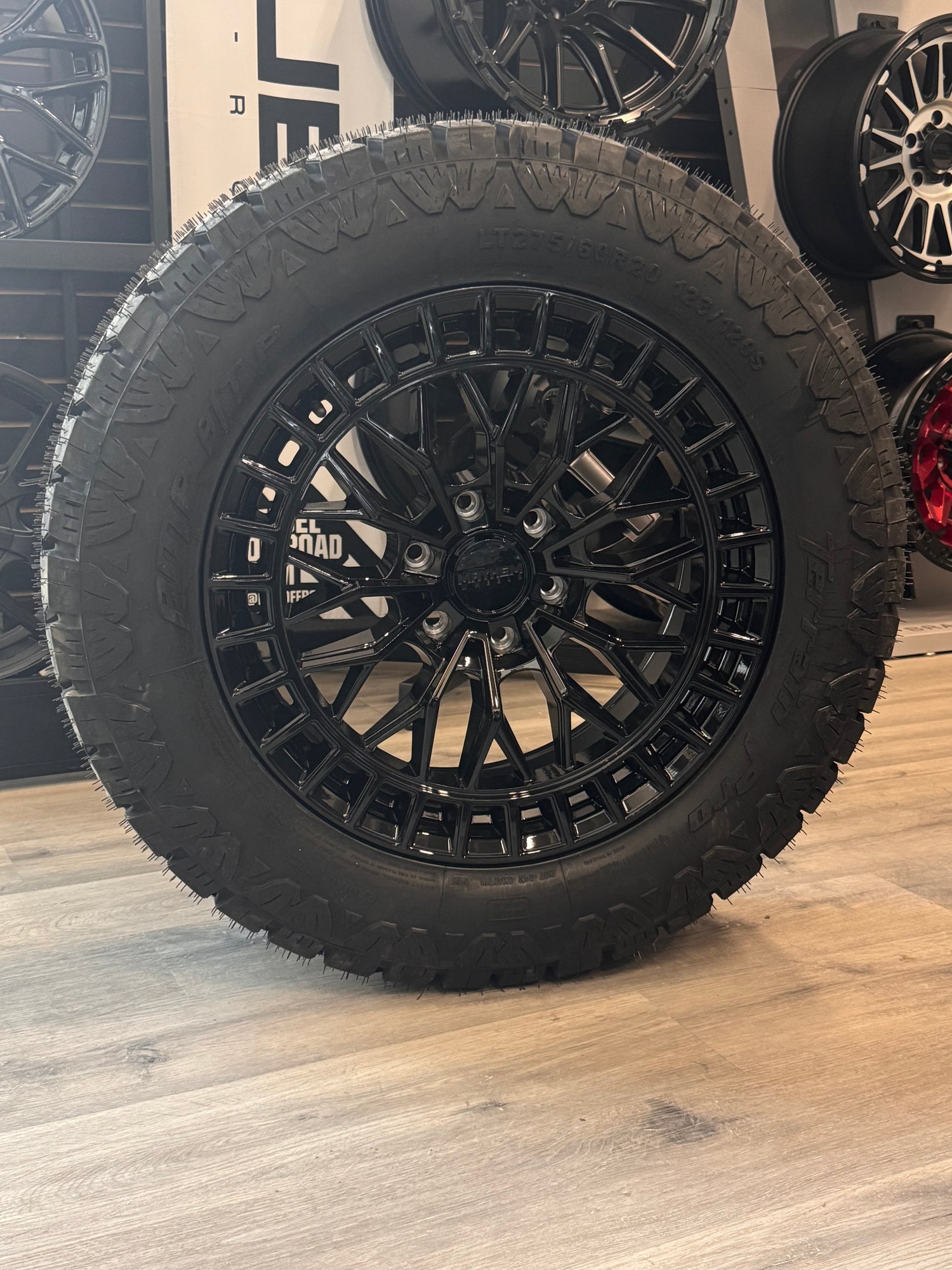 ( SET OF FOUR ) MAYHEM HORIZON 8120 GLOSS BLACK 20X9 6X139.7 18MM 106MM | LT 275/60R20 AMP TERRAIN PRO