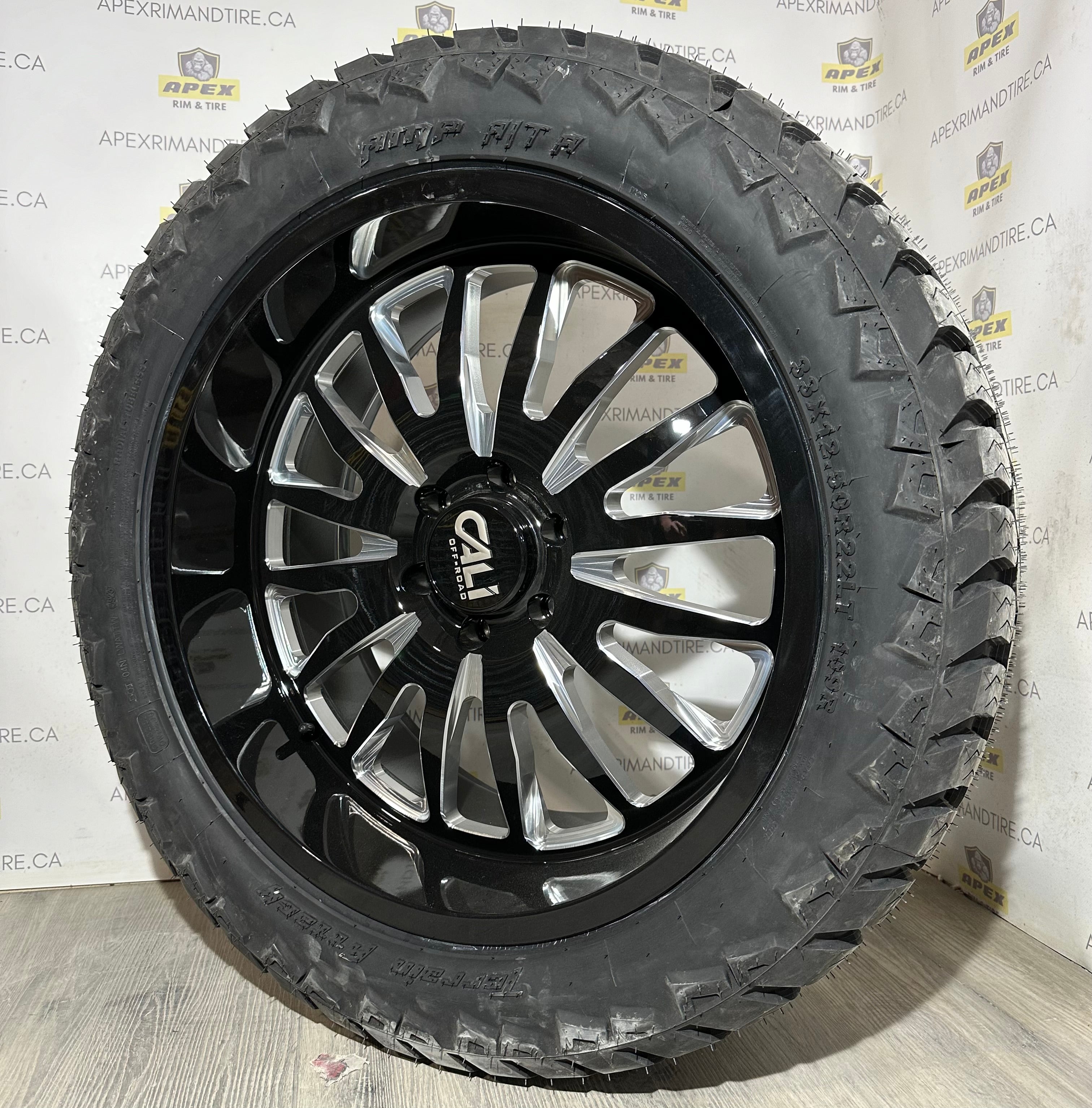 (SET OF FOUR) CALI-OFF ROAD SUMMIT GLOSS BLACK MILLED | 6x139.7 +0 22x10 | AMP TERRAIN ATTACK 33x12.50R22