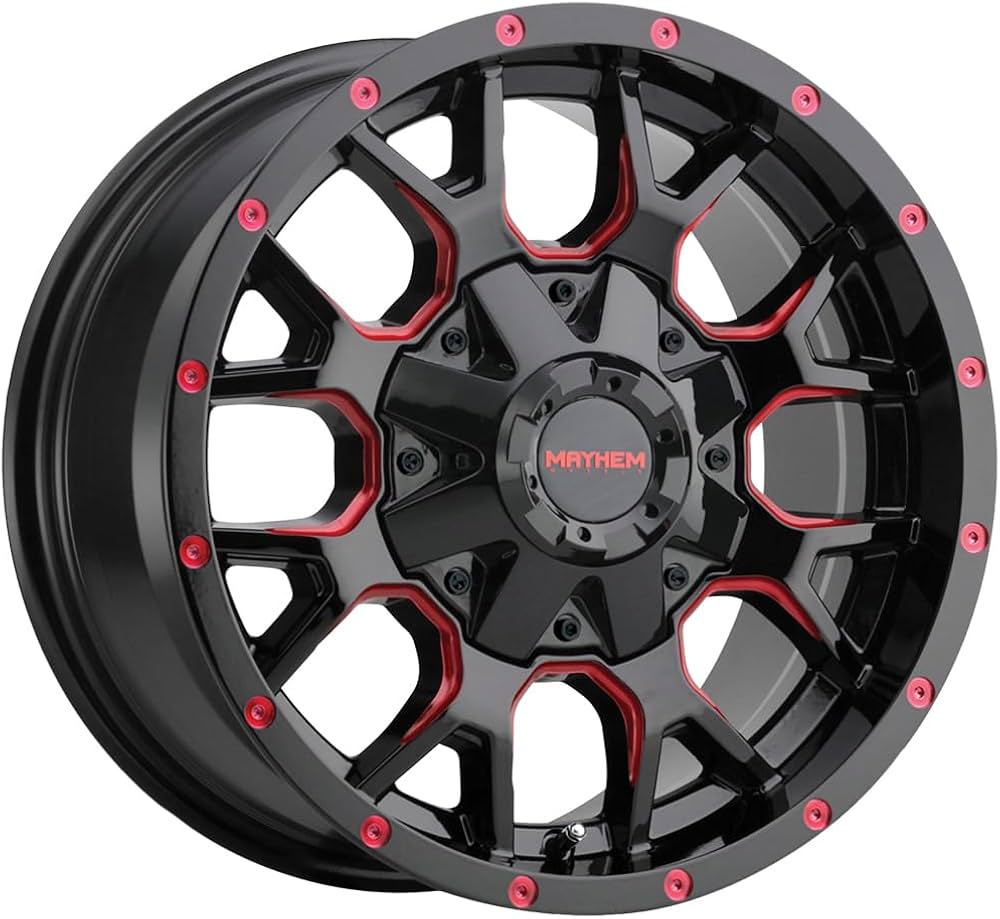MAYHEM WARRIOR 8015 GLOSS BLACK MILLED PRISM RED 18X9 6X135/6X139.7 18MM 106MM