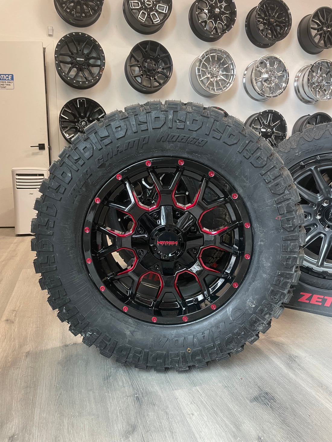 ( SET OF FOUR ) MAYHEM WARRIOR 8015 GLOSS BLACK MILLED PRISM RED 18X9 6X135/6X139.7 18MM 106MM | 33X12.50R18 HAIDA 869 3PMS