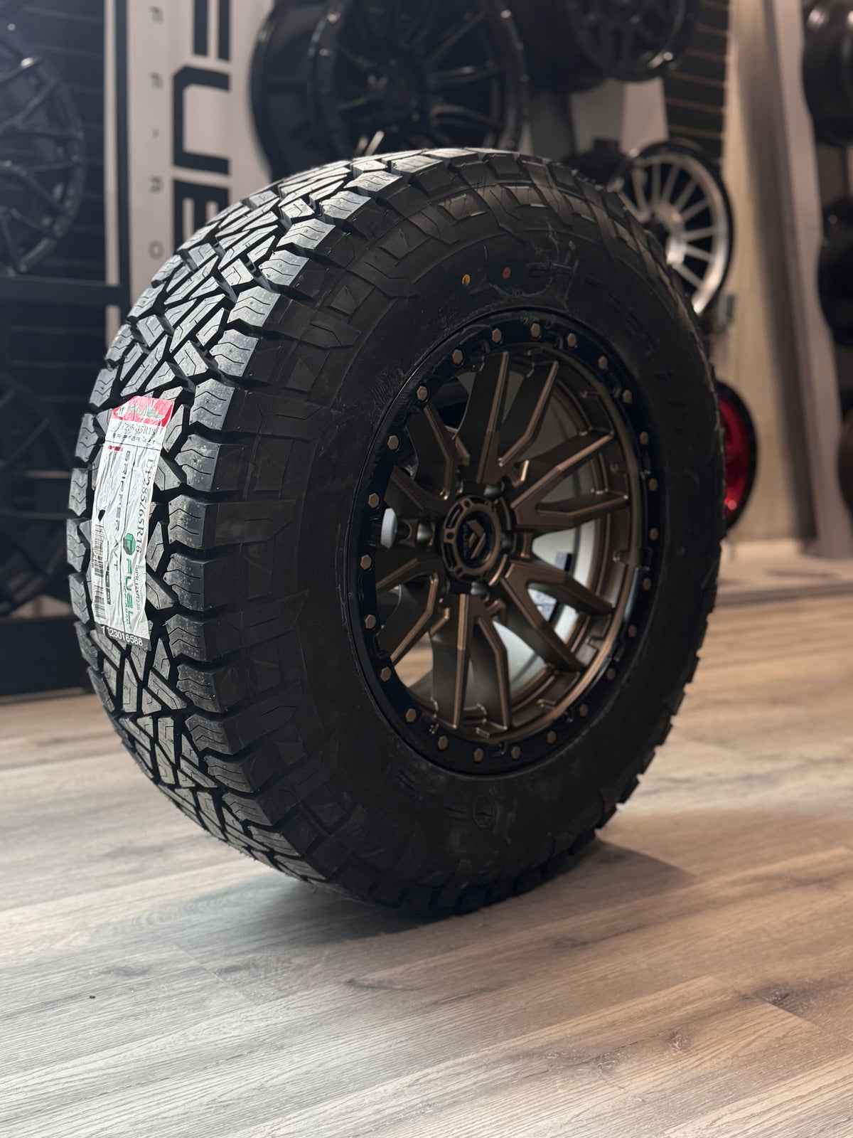 ( SET OF FOUR ) FUEL REBEL 18X9 +1 6X135 87.1 MATTE BRONZE BLACK BEAD RING | LT 285/65R18 FUEL GRIPPER AT