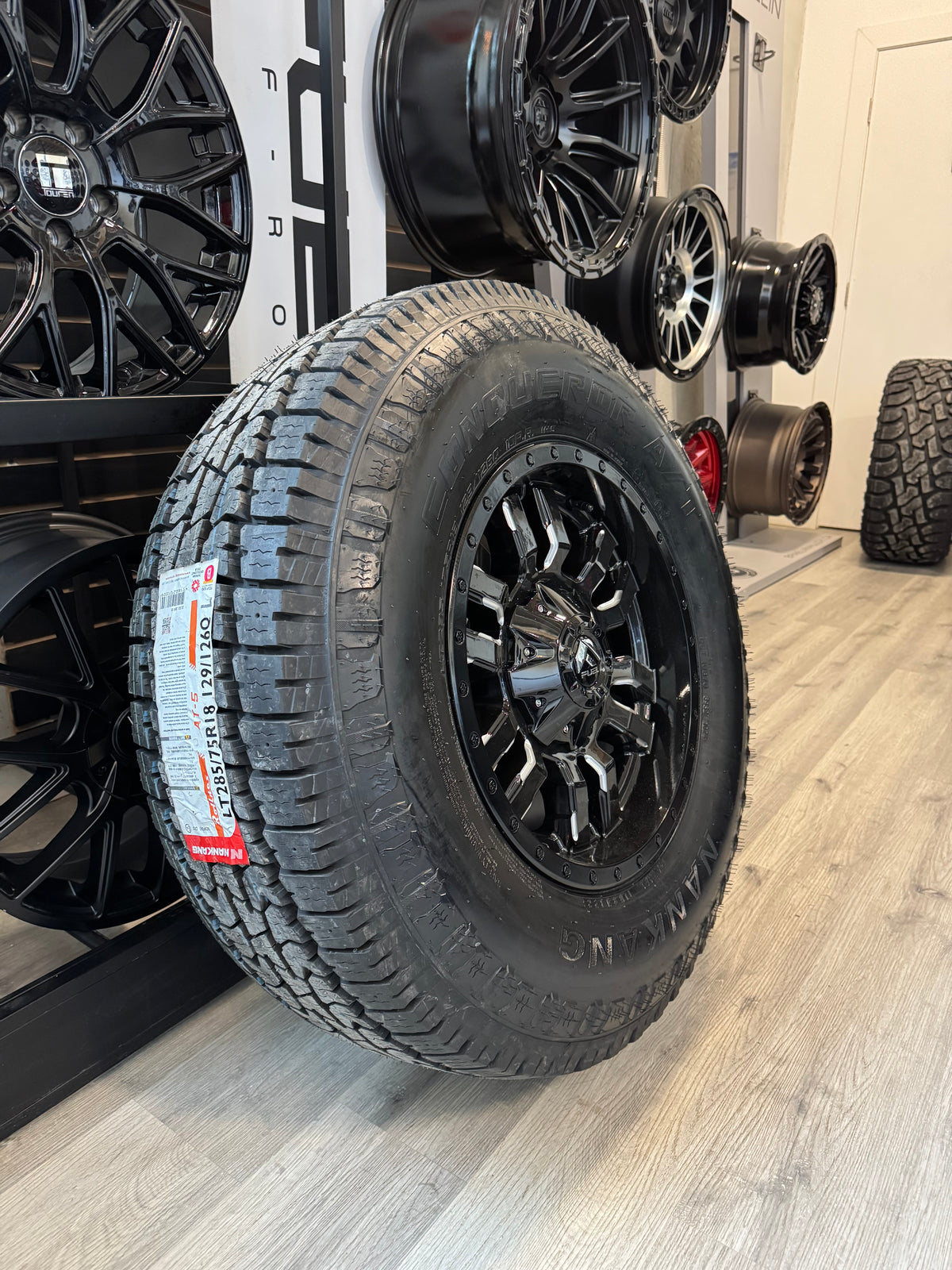 ( SET OF FOUR ) FUEL SLEDGE GLOSS BLACK MILLED 18X9 +20 8X165.1 125.1MM | NANKANG AT-5 CONQUEROR A/T LT 285/75R18 129/126Q E/10 3PMS