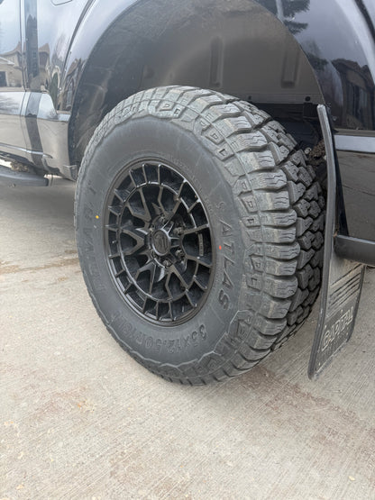 (SET OF FOUR) FUEL REVOLT 18X9 +20 6X135 87 MATTE BLACK | LT 35X12.50R18 ATLAS PRIVA R/T 12PR *** TAKEOFFS 500KM ***