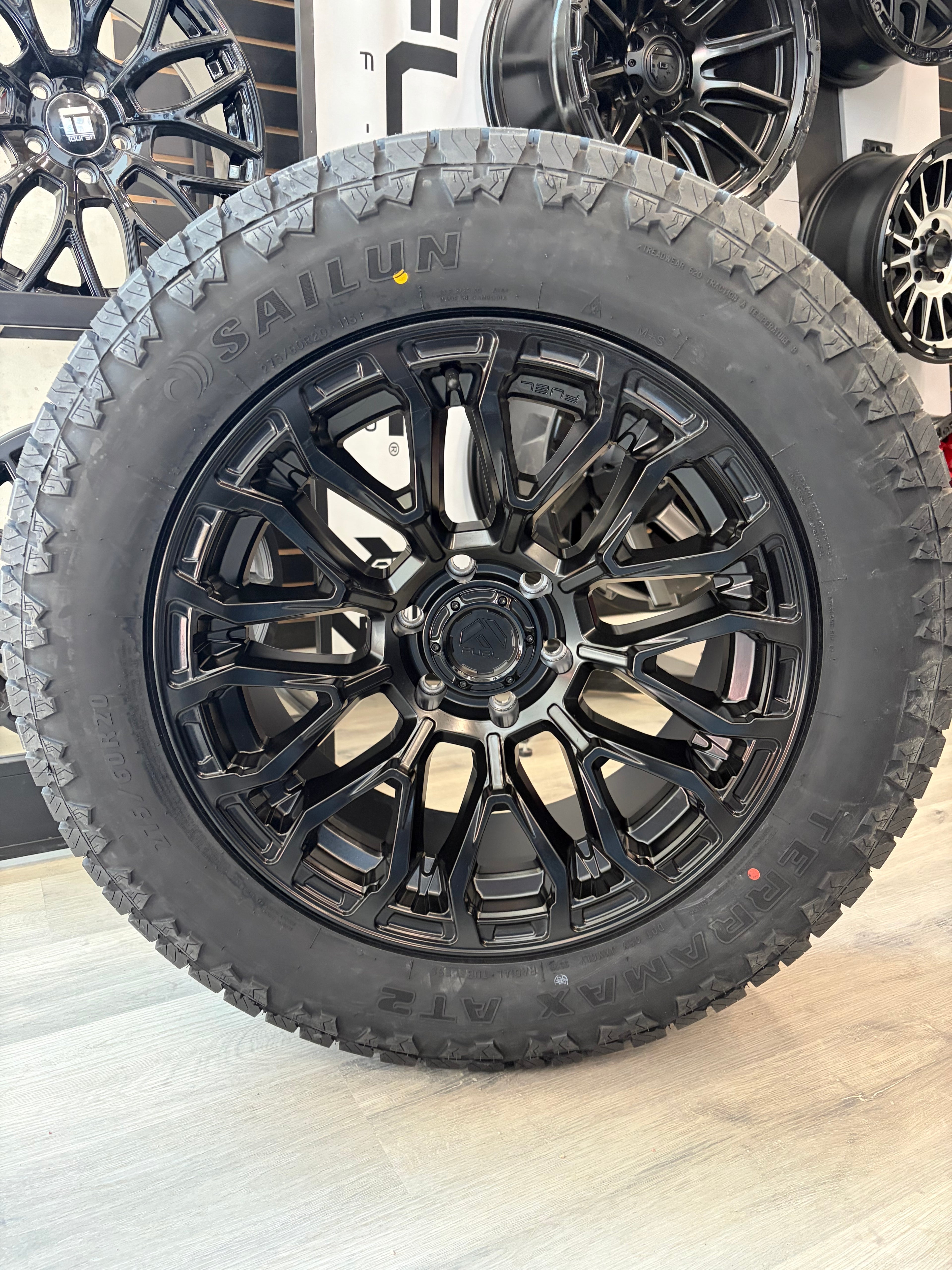 (SET OF FOUR) FUEL FC899 CHISEL BLACKOUT 20X9 +1 6X139.7 106.1 | 275/60R20 SAILUN TERRAMAX AT2 4PR