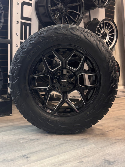 ( SET OF FOUR ) MAYHEM VANQUISH GLOSS BLK MILLED 20X9 0 6X135/6X139.7 106.1 | LT 285/60R20 NITTO G3 3PMS
