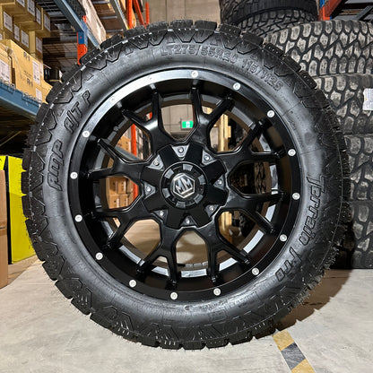 (SET OF FOUR) MAYHEM WARRIOR MATTE BLACK | 20x9 6x135/6x139.7 +18 | AMP TERRAIN PRO 275/55R20