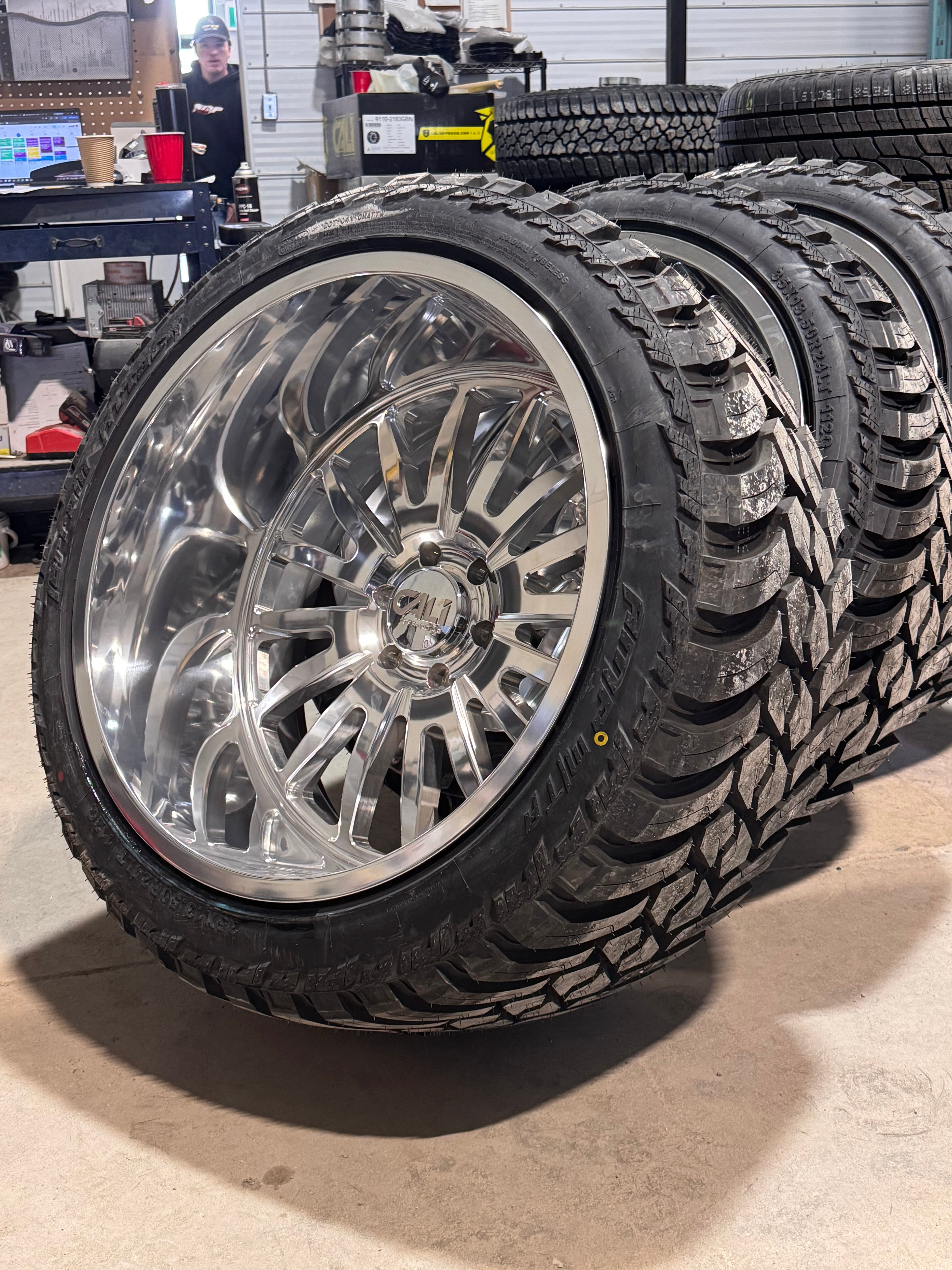 ( SET OF FOUR ) CALI OFF-ROAD 9110 SUMMIT POLISHED 24X14 6X139.7 -76 106MM | AMP TERRAIN ATTACK M/T A 35X13.50R24