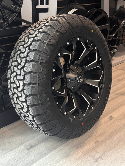 ( SET OF FOUR ) FUEL ASSAULT MATTE BLACK MILLED 20X9 +20 6X135/6X139.7 | 285/60R20 AMP TERRAIN PRO