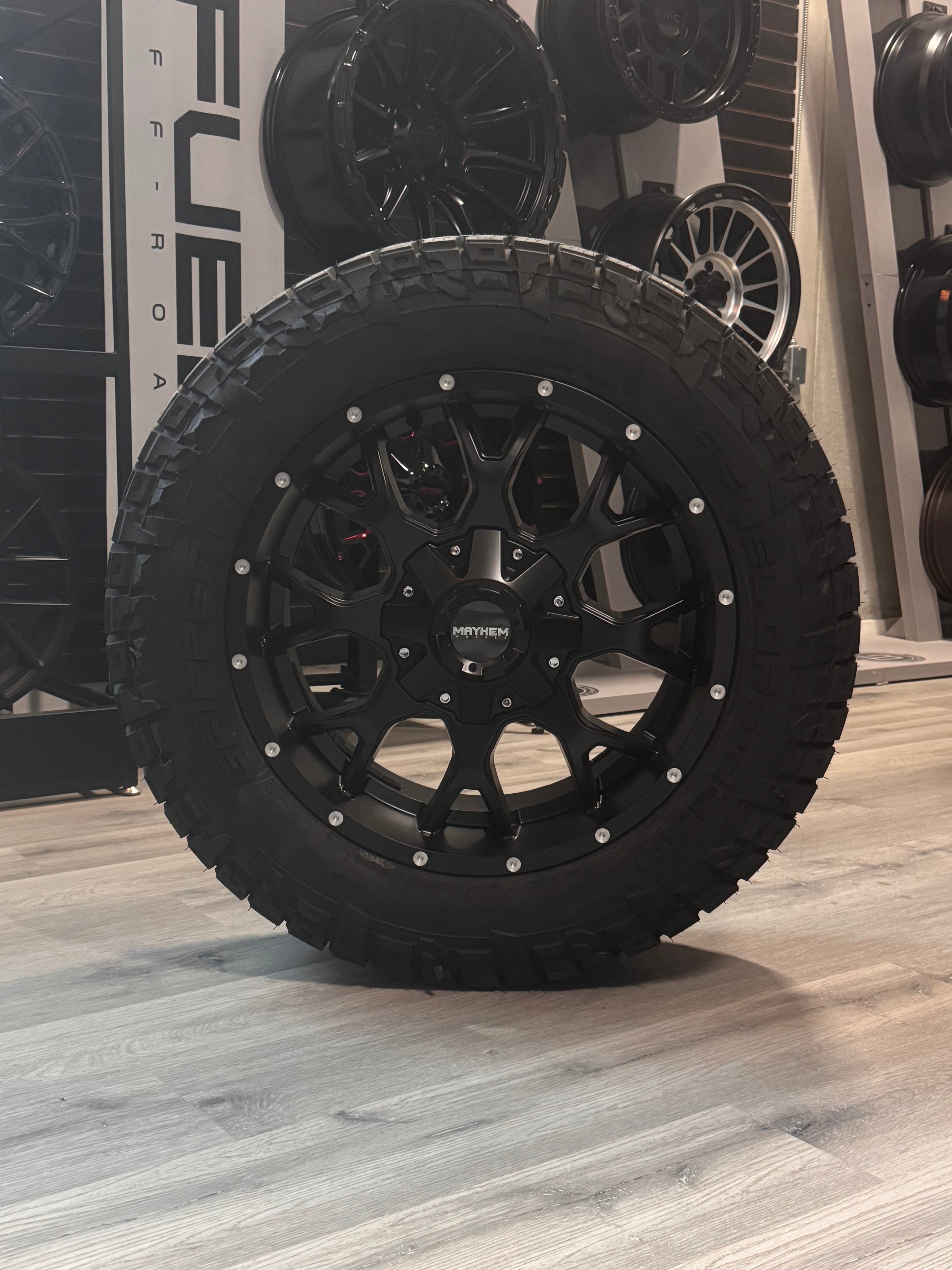 ( SET OF FOUR ) MAYHEM WARRIOR 8015 MATTE BLACK 20X9 6X135/6X139.7 +18 (106MM HUB) | LT 285\55R20 FUEL GRIPPER AT 2