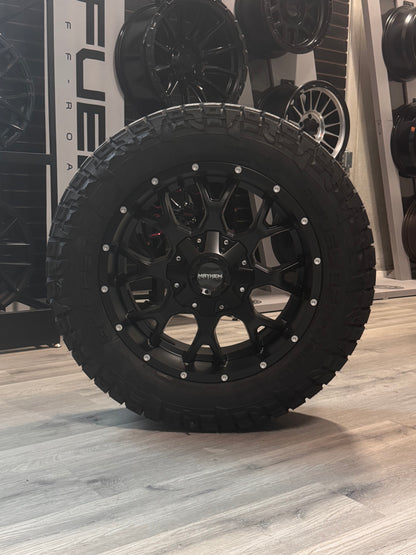 ( SET OF FOUR ) MAYHEM WARRIOR 8015 MATTE BLACK 20X9 6X135/6X139.7 +18 (106MM HUB) | LT 285\55R20 FUEL GRIPPER AT 2